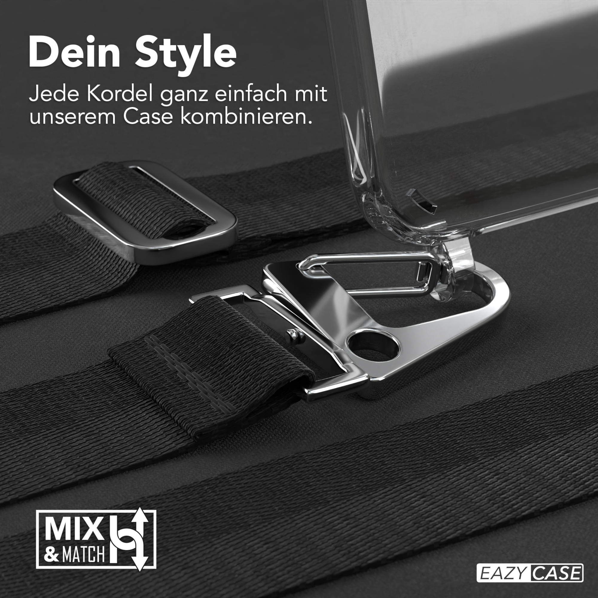 Nahaufnahme von Telefonriemen und Handyhülle mit Metallverschlüssen. Text 'Mix & Match'.