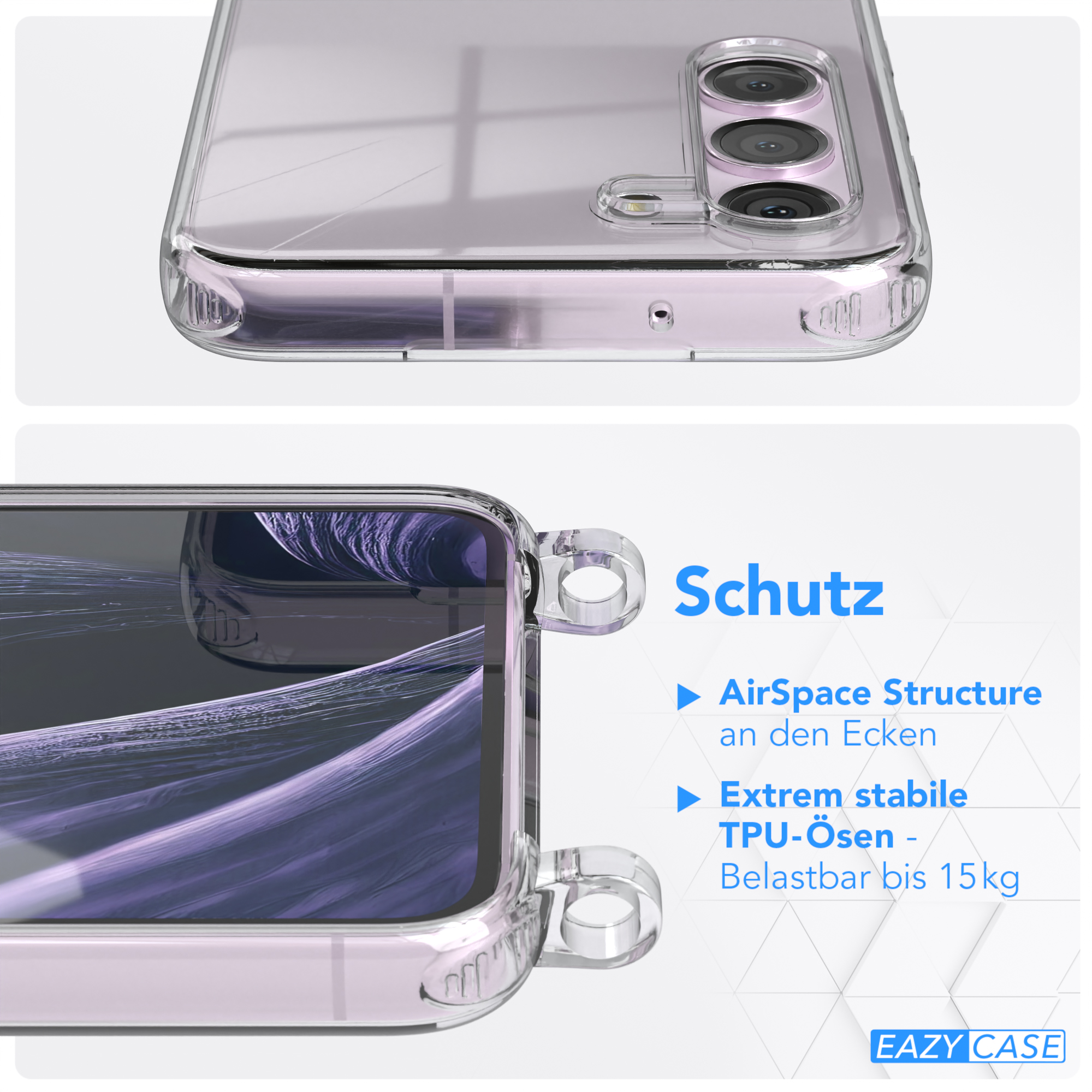 EAZY Samsung, Umhängetasche, mit / Galaxy Handyhülle CASE S23, + Lila Transparente Kordel runder Gold Karabiner, Flieder