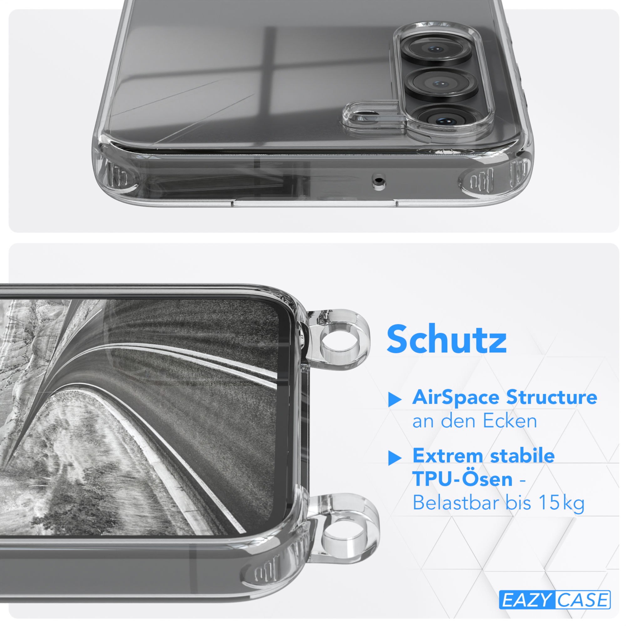 Eine transparente Handyhülle mit Text und Nahaufnahme eines Telefons.