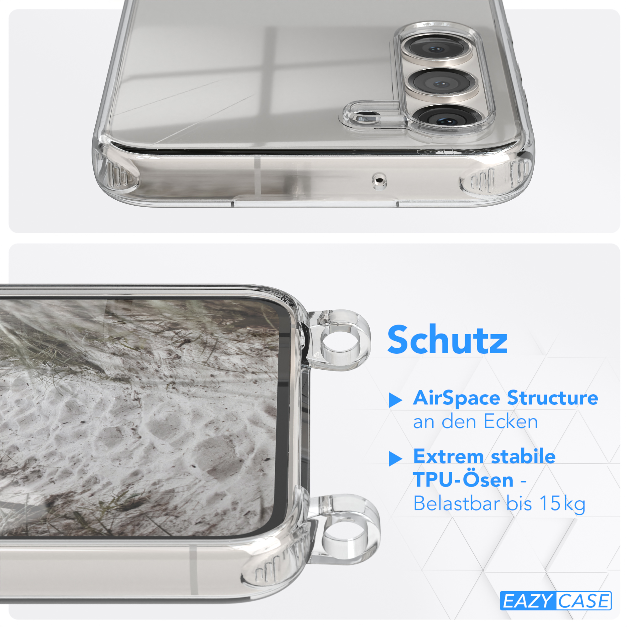 Transparente Handyhülle mit sandigem Hintergrund. Die Hülle hat Schlaufen für einen Riemen.