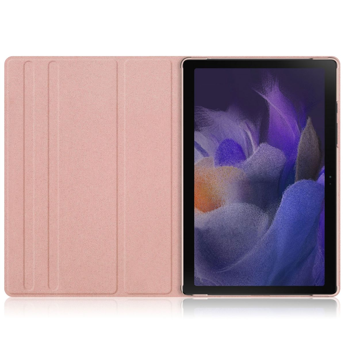 Geöffnete rosa Tablethülle, die einen Tablettbildschirm mit farbenfrohem, abstraktem Design zeigt.