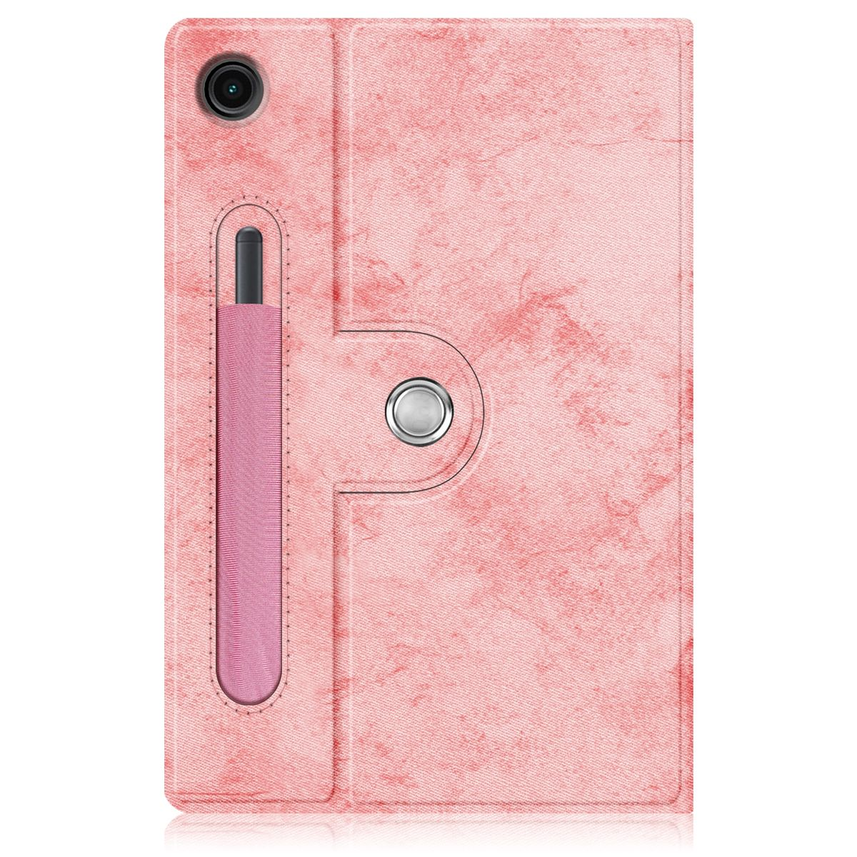 Eine pinkfarbene Tablethülle, offen, mit einem Stift in einem Steckplatz.