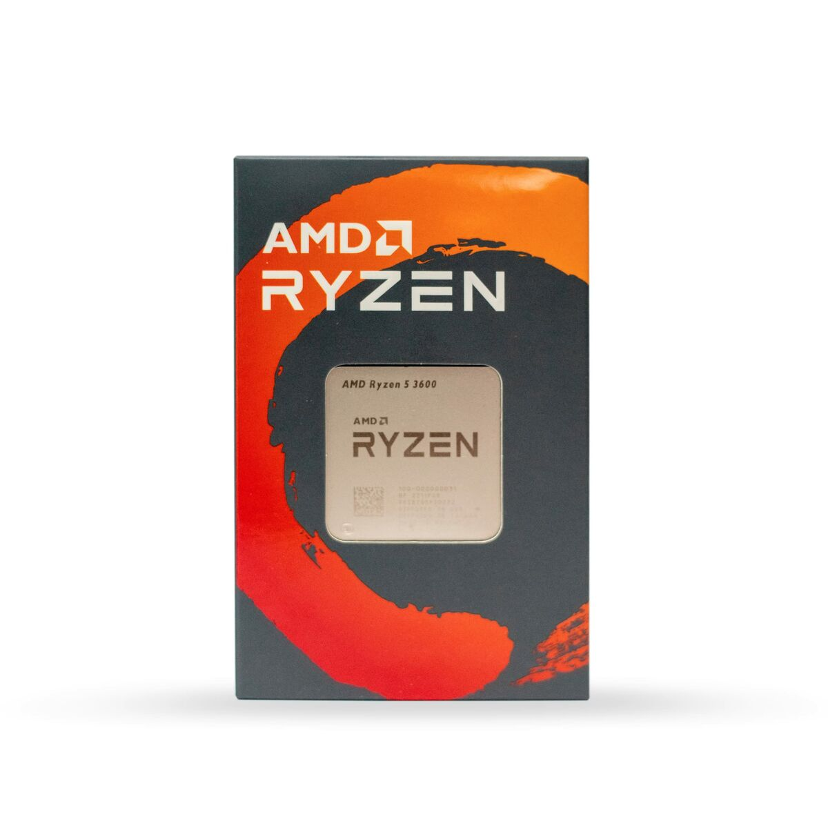 CPU AMD Ryzen 5 3600 nella sua scatola, arancione e nero.