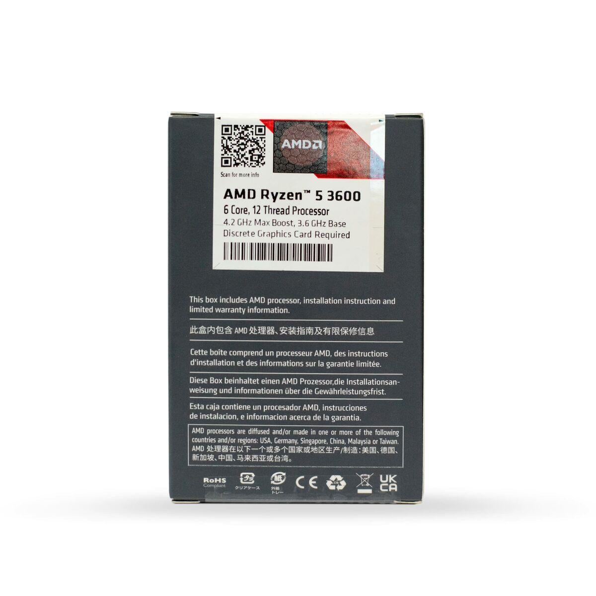 Scatola AMD Ryzen 5 3600. Testo con specifiche e istruzioni.