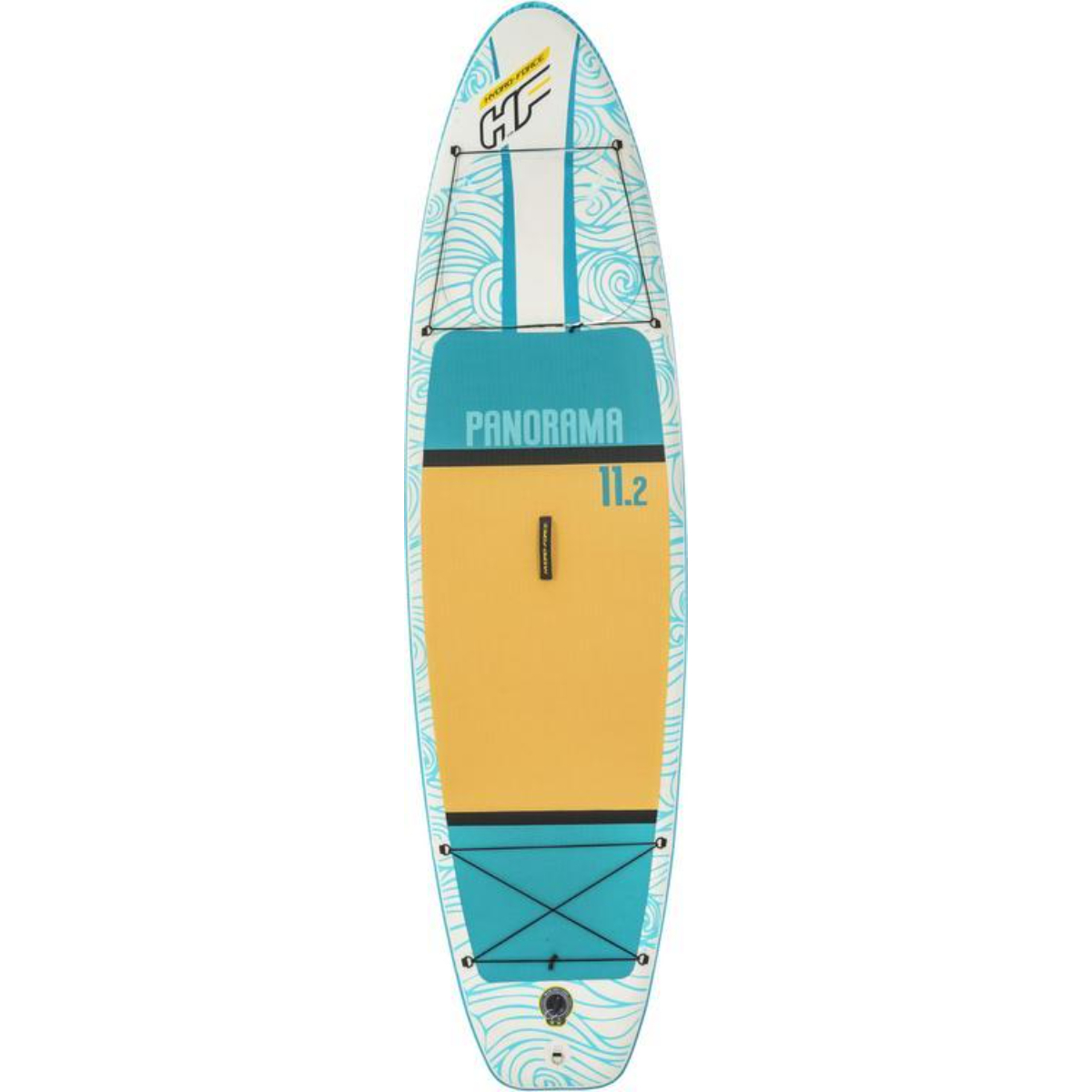 Stand-up paddleboard met een blauw-wit ontwerp en gele midden. Het board staat op een witte achtergrond.