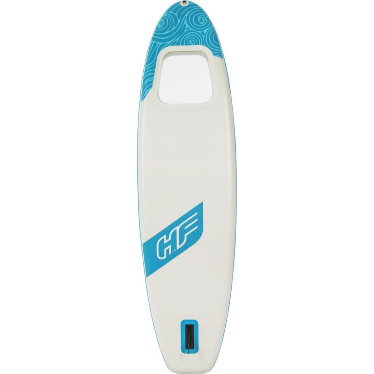 Wit en blauw stand-up paddleboard met rechthoekige uitsparing en logo.