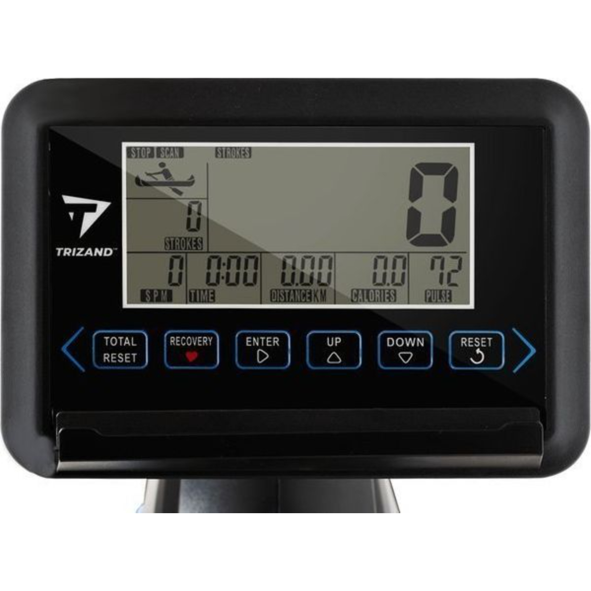 Display digitale nero con dati di allenamento. I pulsanti controllano le funzioni. Logo Trizand.