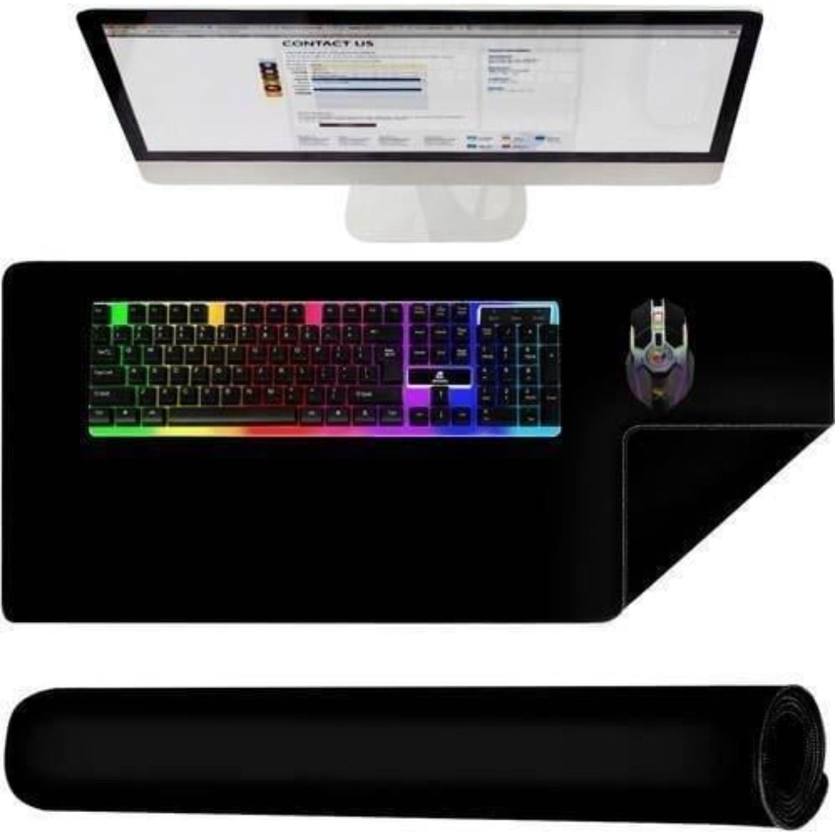 Computer-Setup: Monitor, Tastatur, Maus und eine aufgerollte Mausunterlage.