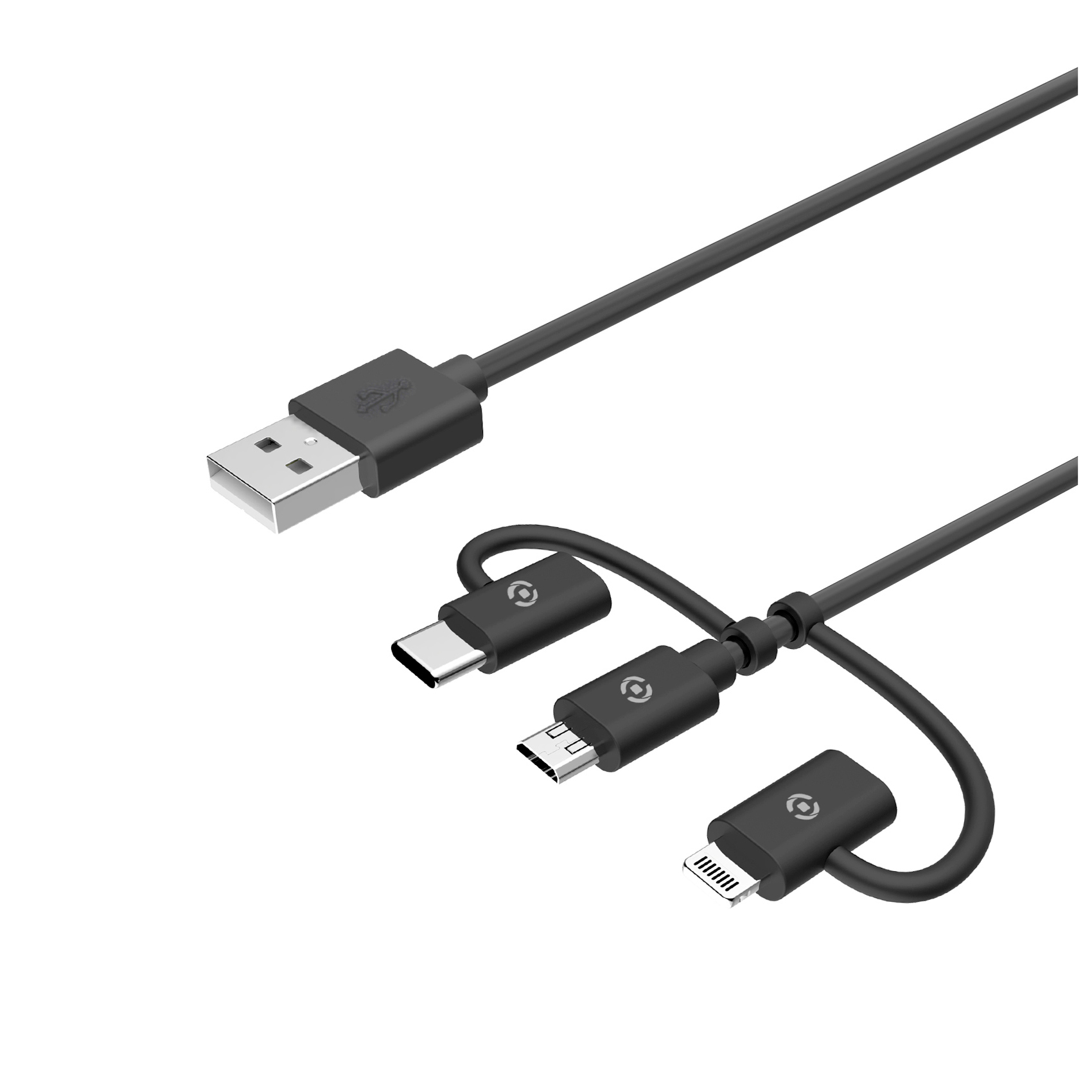 Un cable USB negro con un conector USB-A y tres conectores: USB-C, Micro-USB y Lightning.