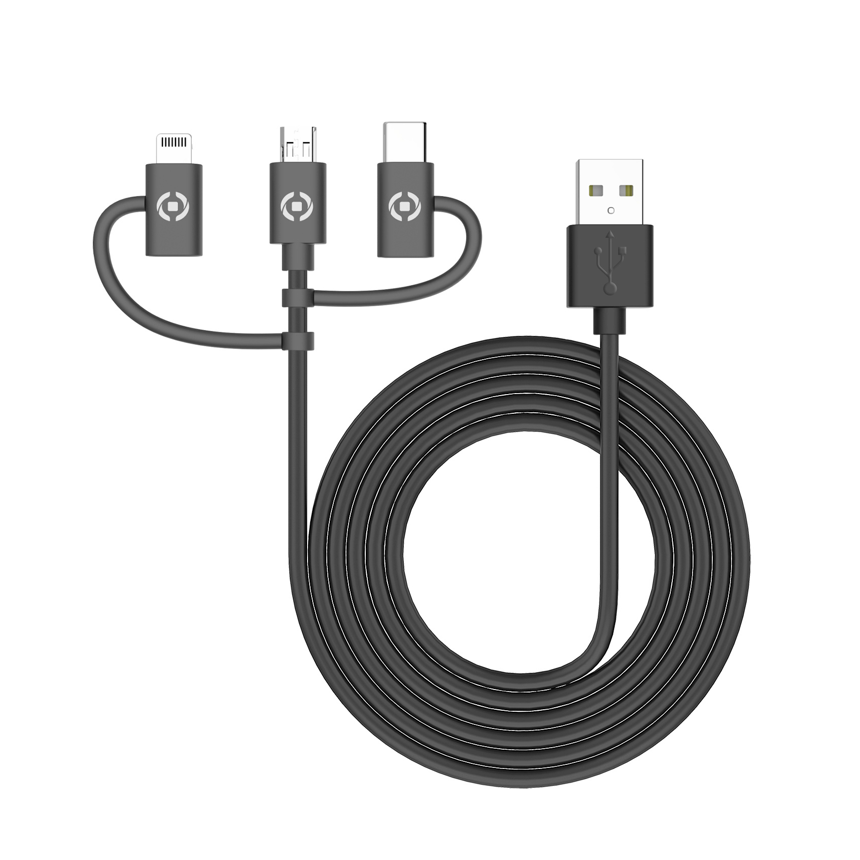 Un cable de carga negro con tres conectores diferentes y un enchufe USB, enrollado ordenadamente.