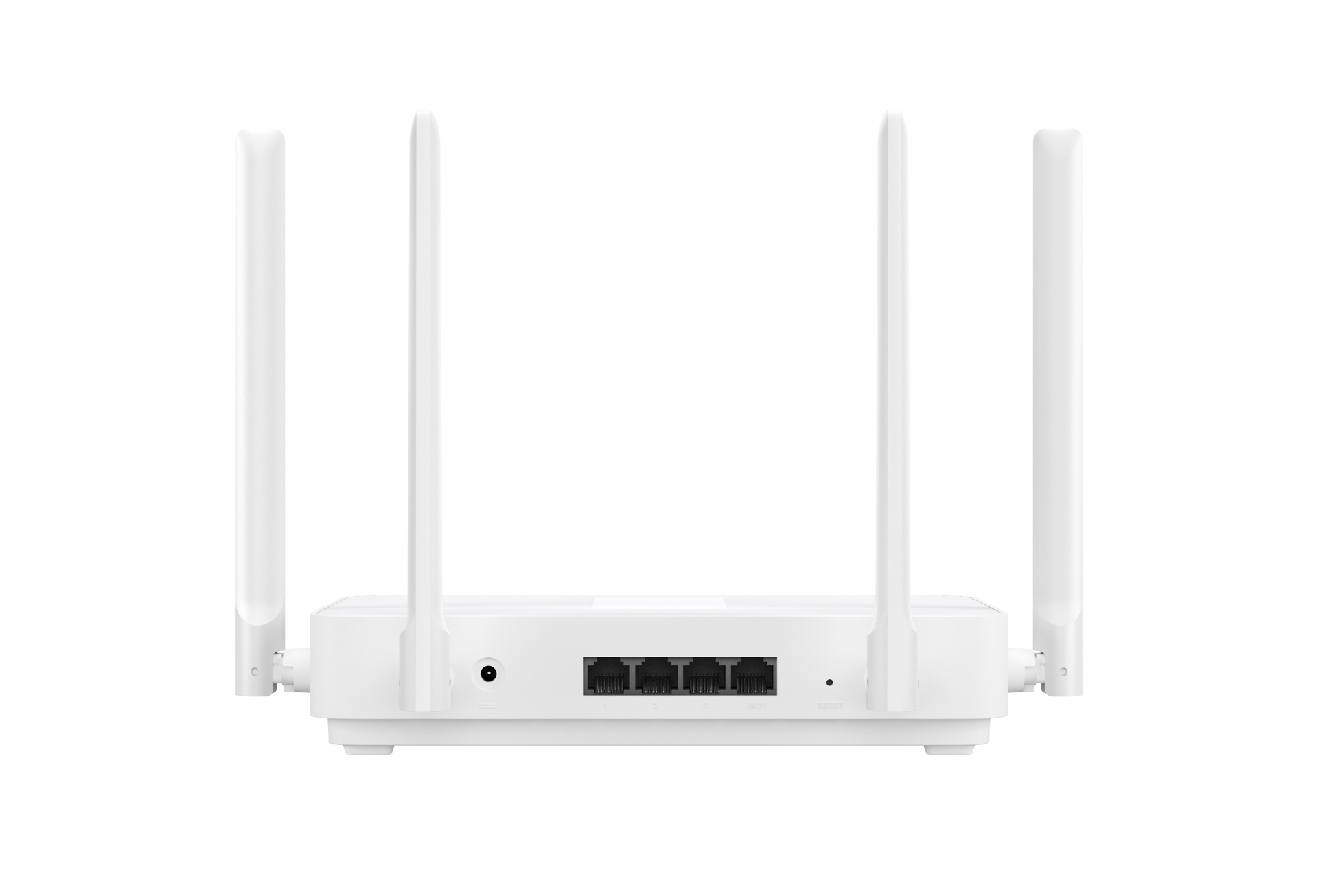 Router bianco con quattro antenne e una fila di porte di connessione sul retro.