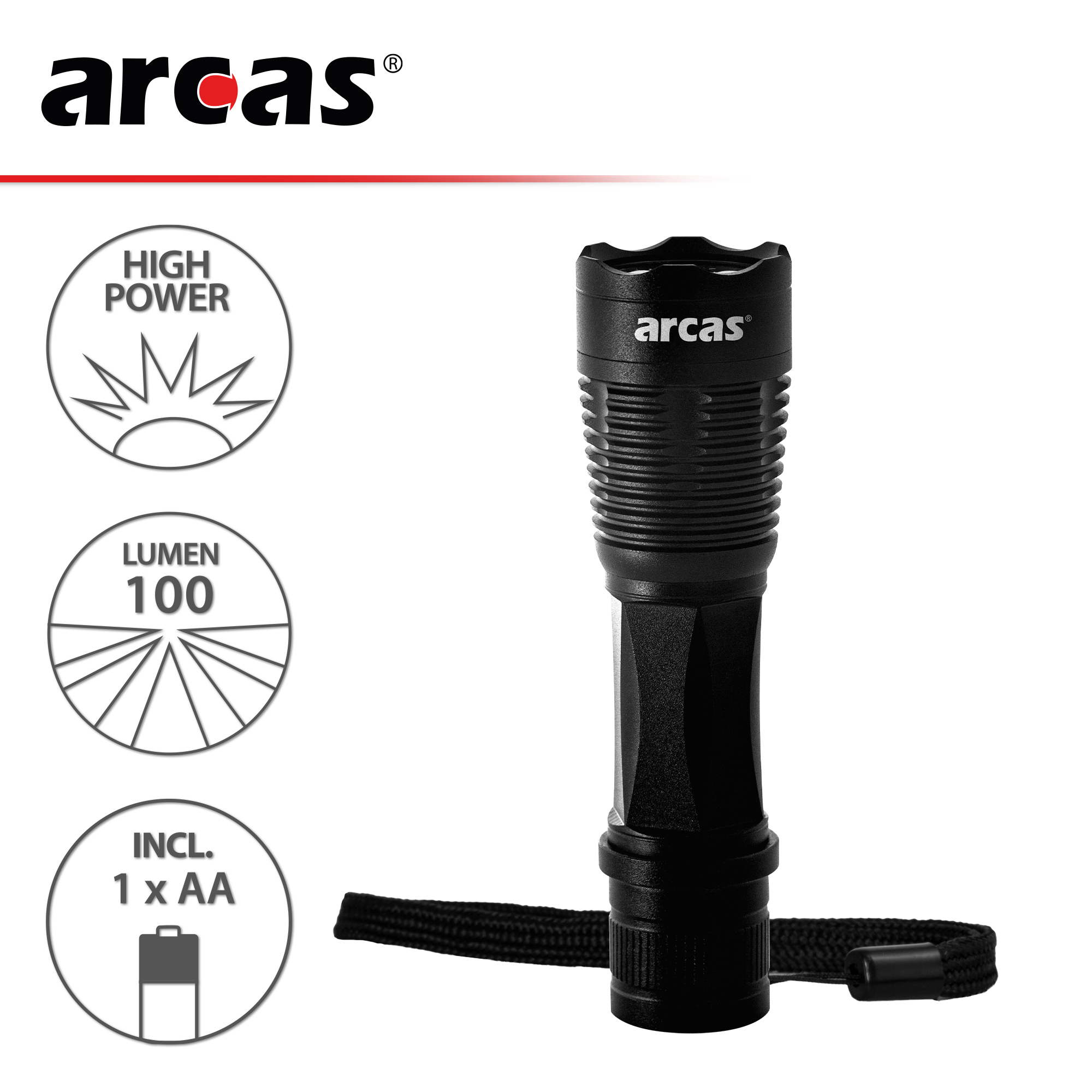 Torcia nera con marchio e icone per potenza, lumen e batteria inclusa.