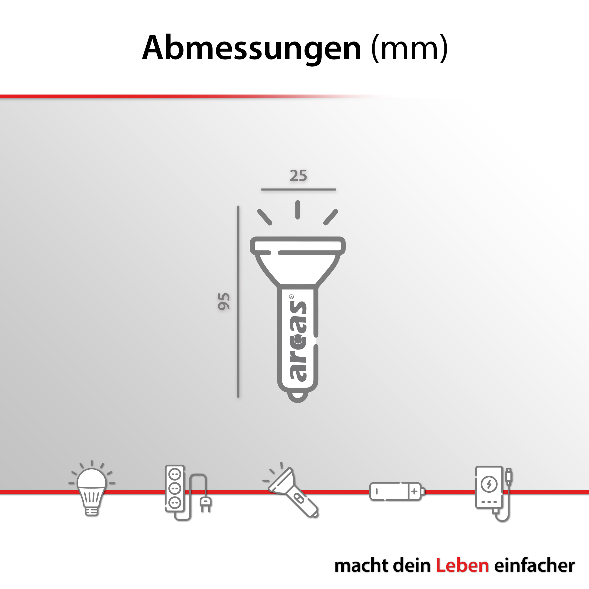 Un diagramma con dimensioni, che mostra il contorno di una torcia con i numeri 95 e 25.