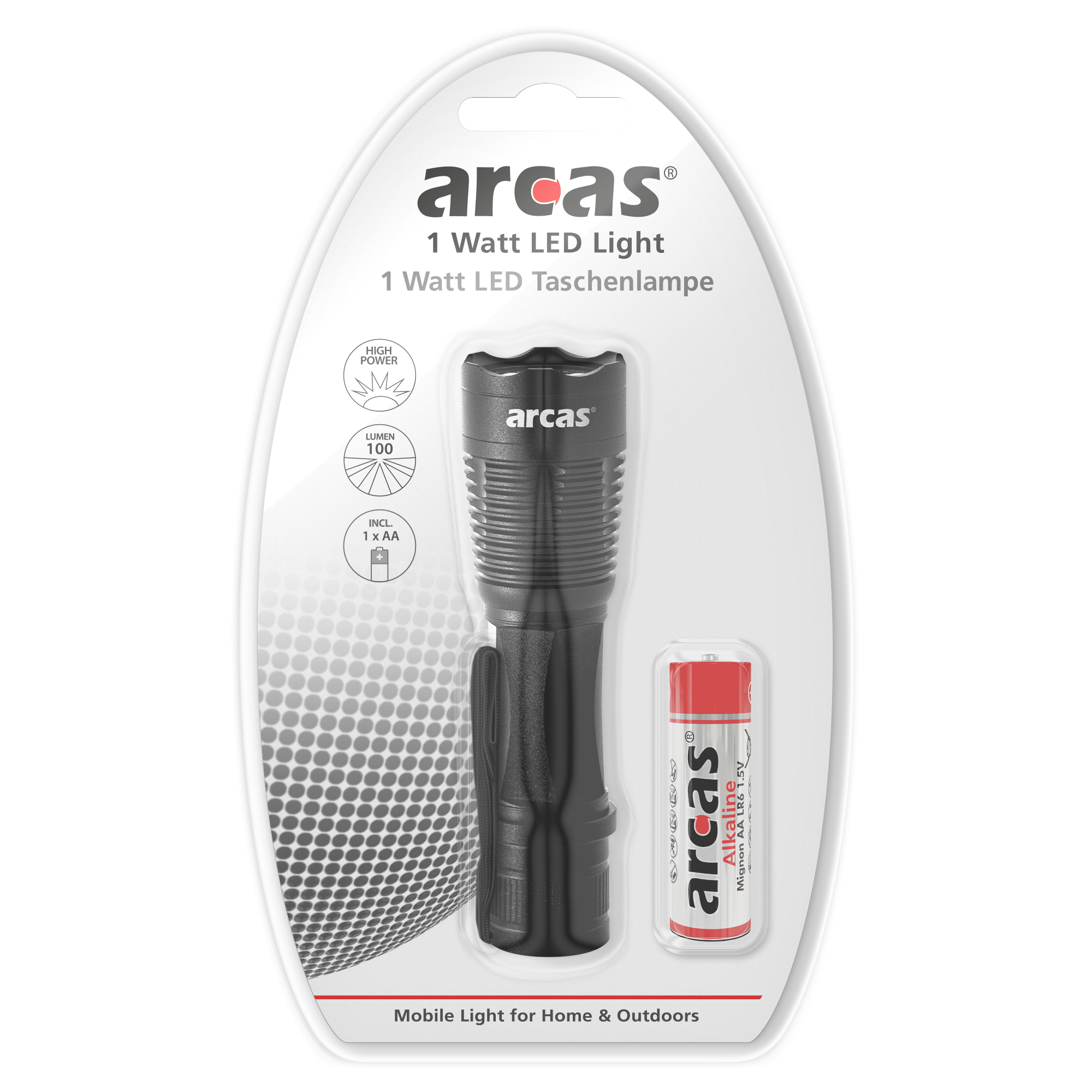 Torcia nera in una confezione con una batteria. Testo sulla confezione: 1 Watt LED Light.