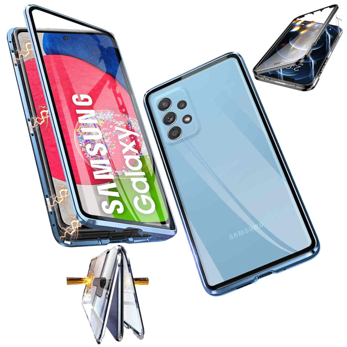Geöffnete und geschlossene Handyhüllen mit blauem Rahmen und Samsung Galaxy Logo.