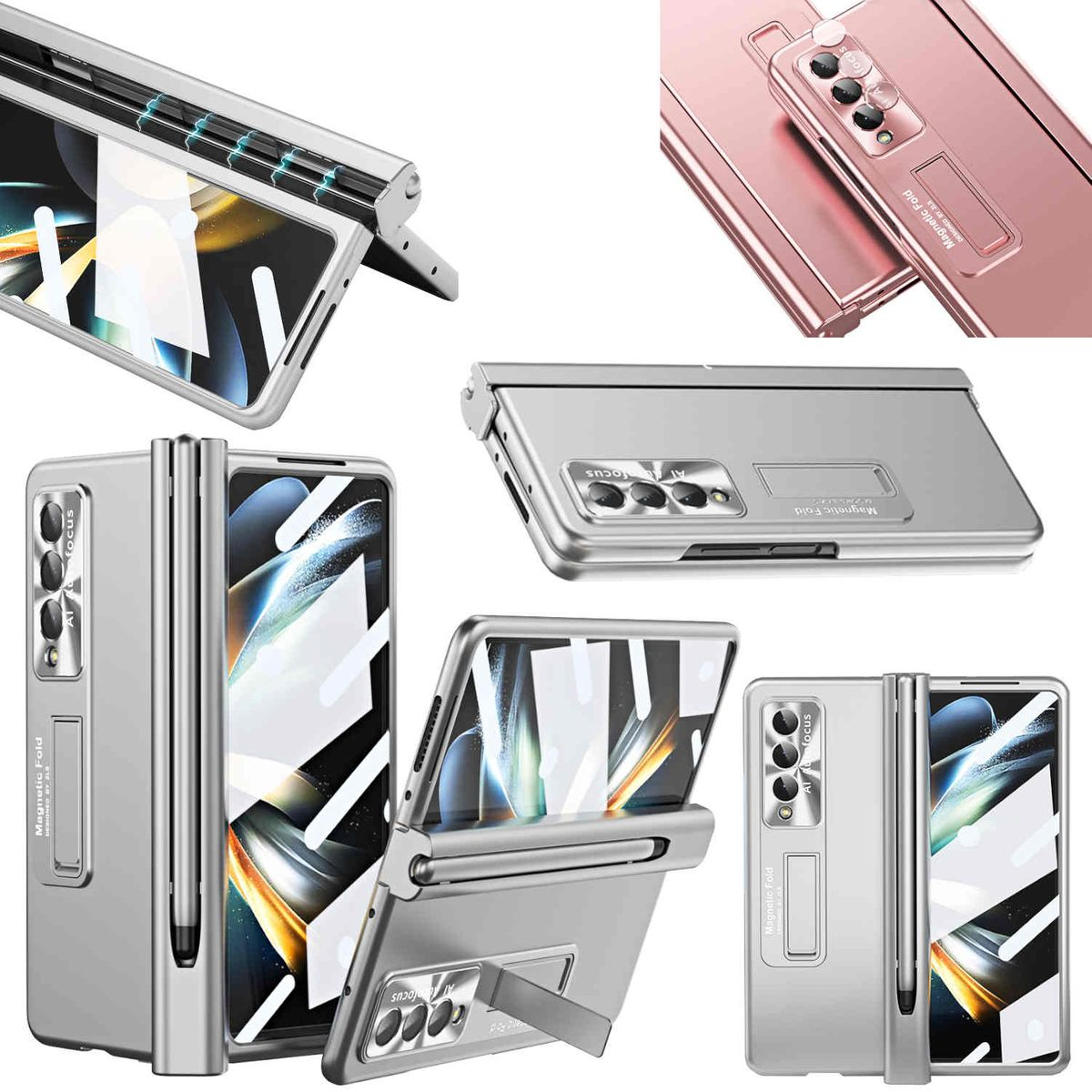 Faltbares silbernes Telefon mit Hüllen in verschiedenen Positionen, Design.