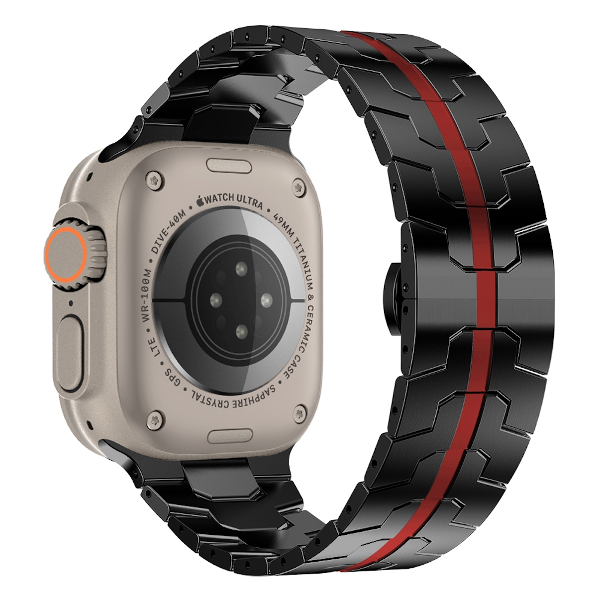 Silberne und schwarze Apple Watch mit einem schwarzen und roten Armband.