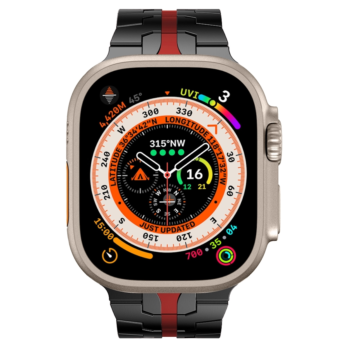 Nahaufnahme einer Smartwatch mit schwarzem und rotem Armband, die Zeit und Navigationsdetails anzeigt.