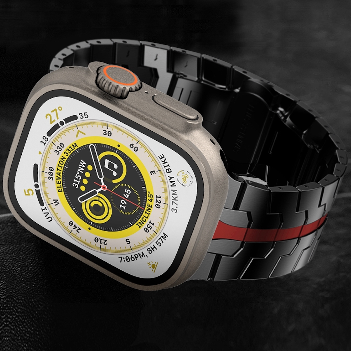 Eine silberne Smartwatch mit schwarzem Armband. Sie hat ein digitales Display mit Daten.