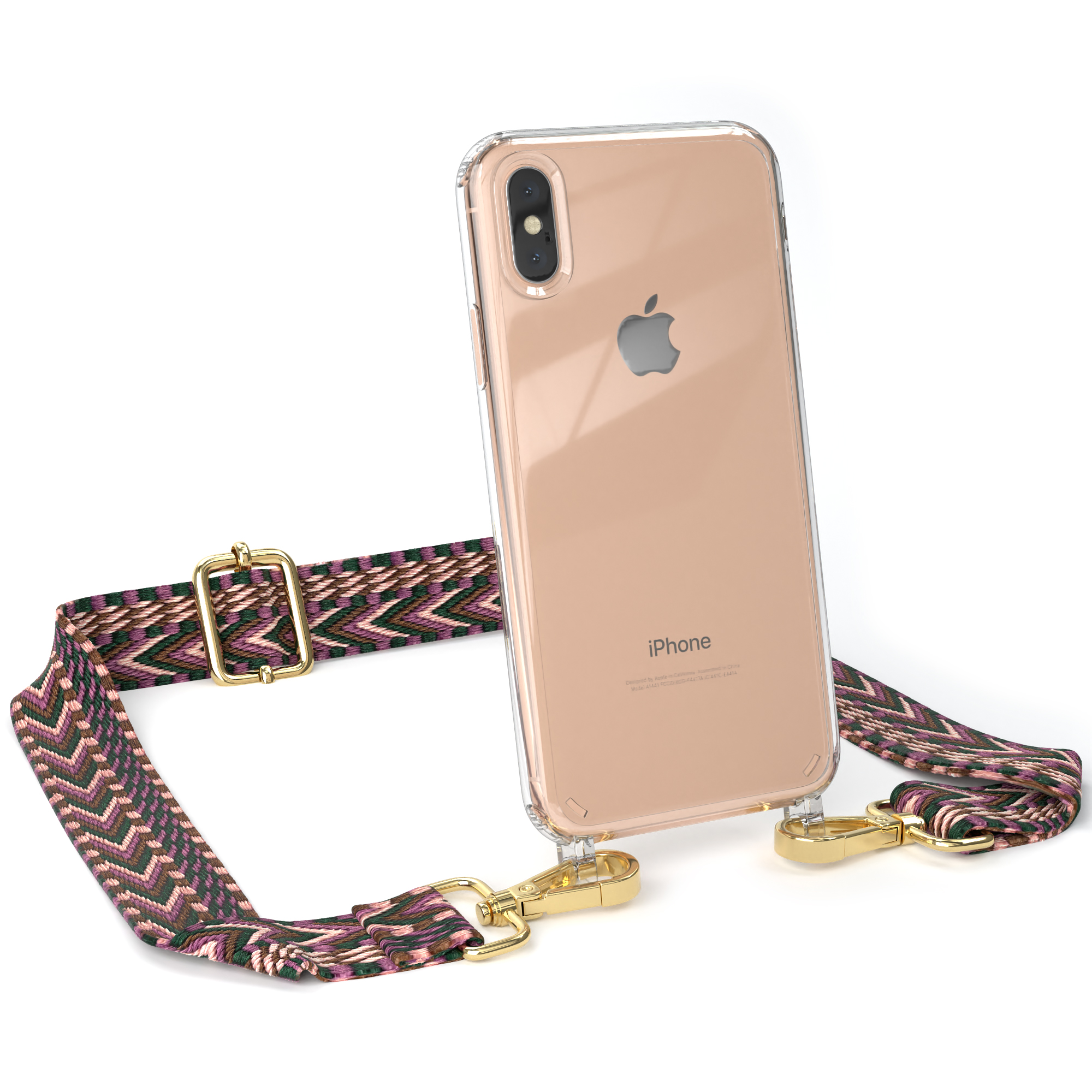EAZY Kordel / iPhone Apple, CASE Handyhülle mit Umhängetasche, Boho Transparente X XS, Rosa / Style, Beere