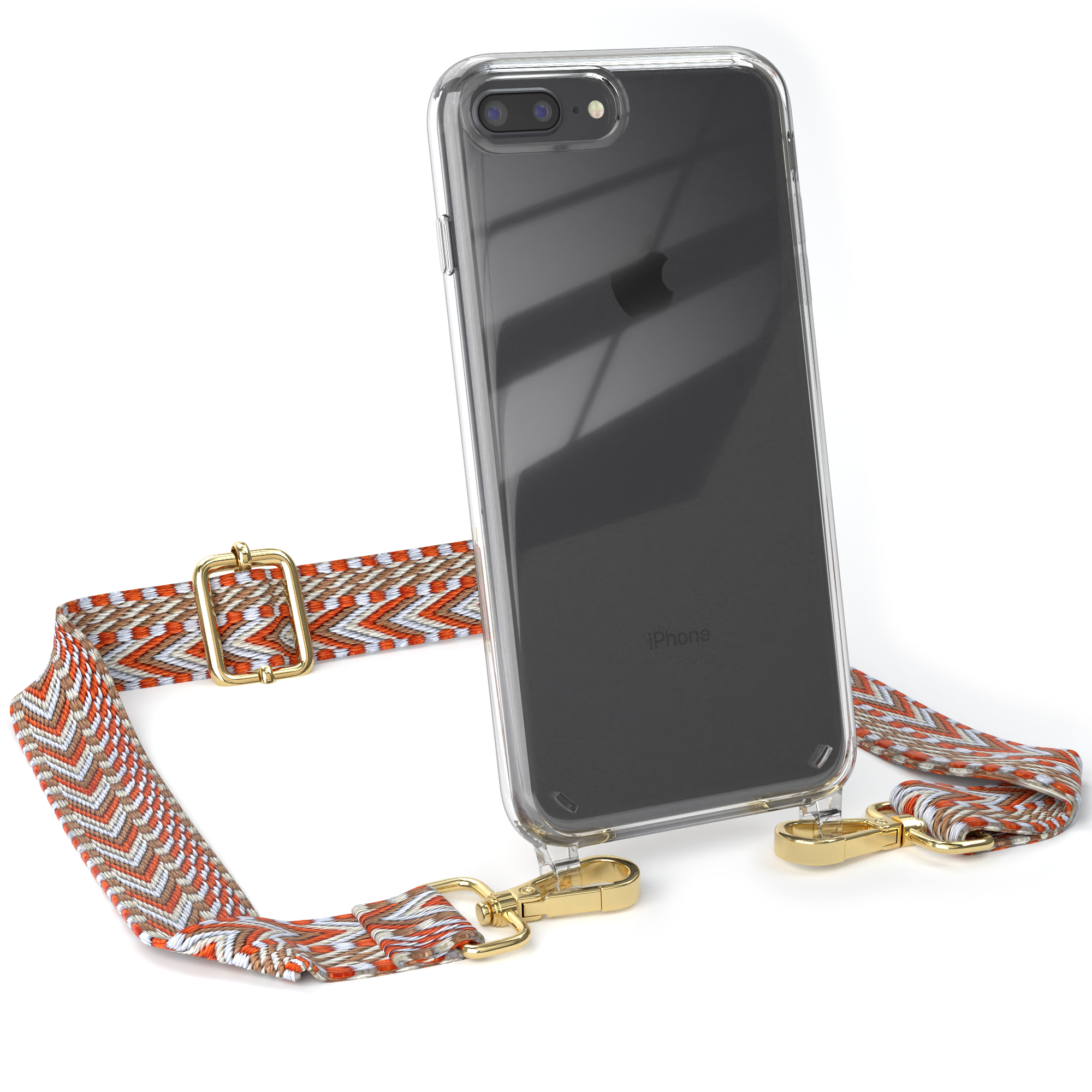 Transparente iPhone-Hülle mit Telefon und gemustertem Gurt. Weißer Hintergrund.