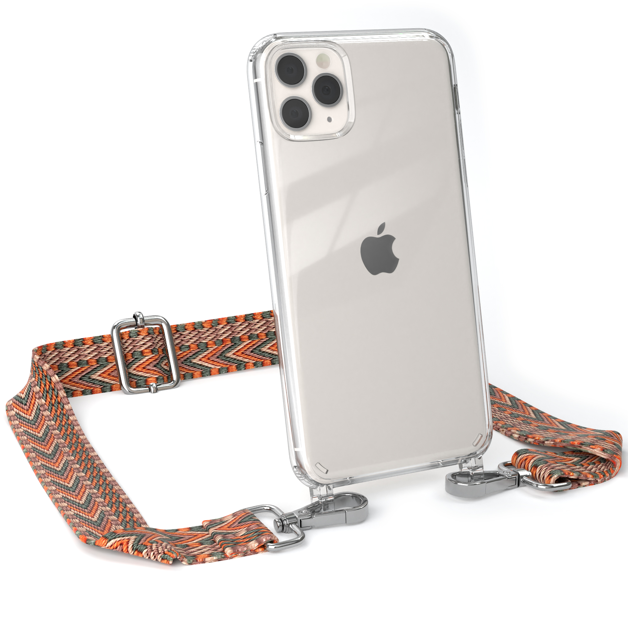 Eine transparente Handyhülle mit einem orangefarbenen und grauen Riemen und einem iPhone.