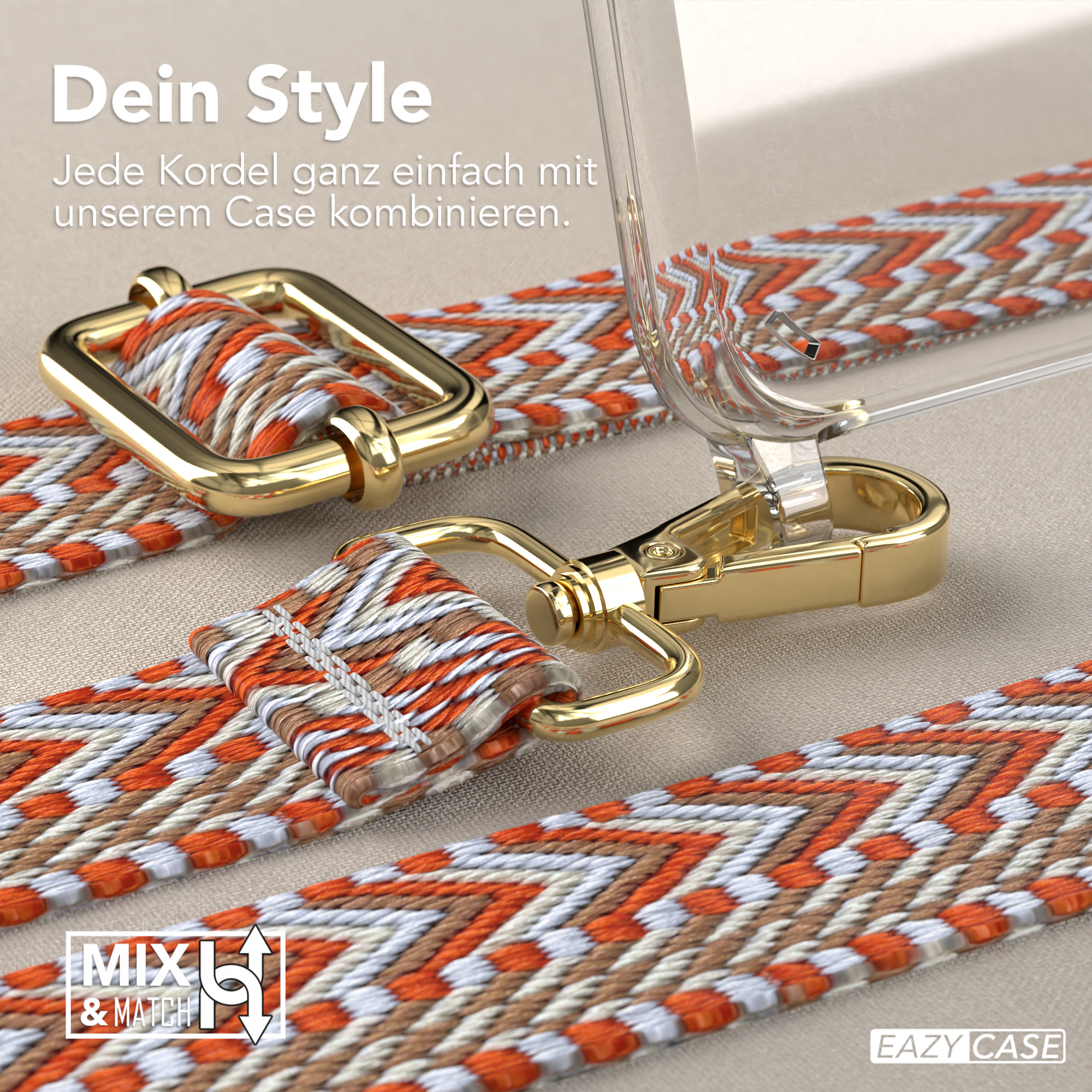 Nahaufnahme einer Handyhülle mit Riemen und goldfarbenen Metallakzenten.