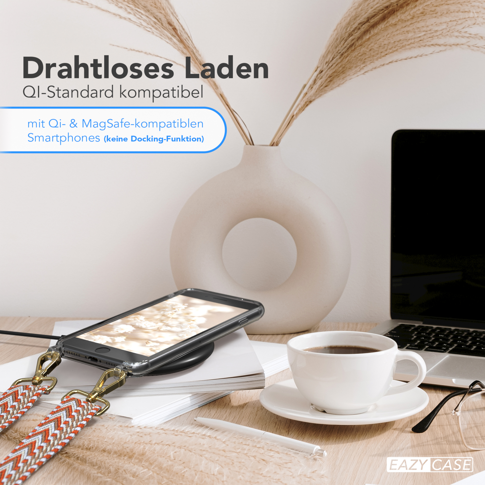 Telefon auf kabellosem Ladegerät, neben einer Kaffeetasse, Stift und Vase. Text über kabelloses Laden.