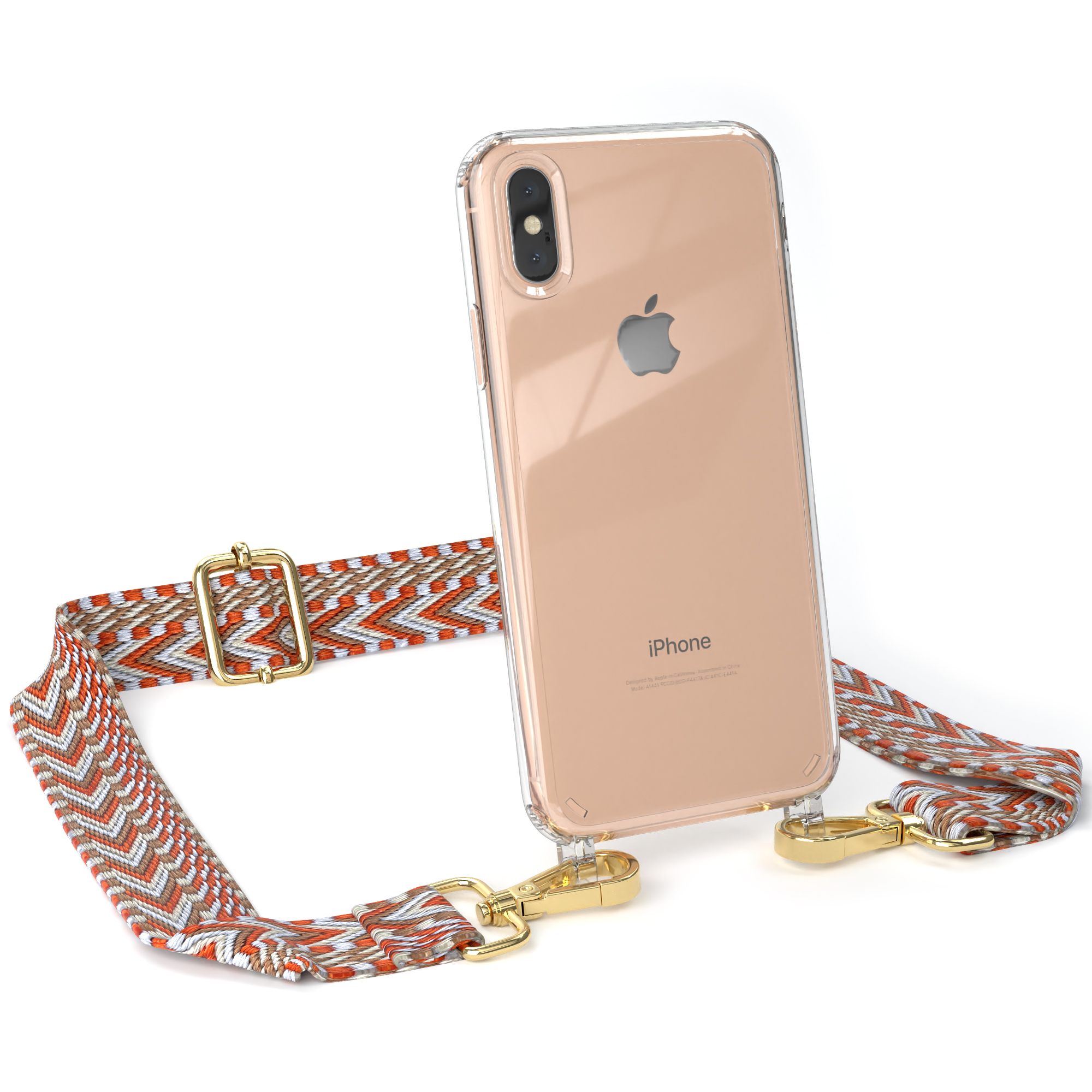 iPhone in klarer Hülle mit buntem Gurt. Goldene Hardware. Weißer Hintergrund.