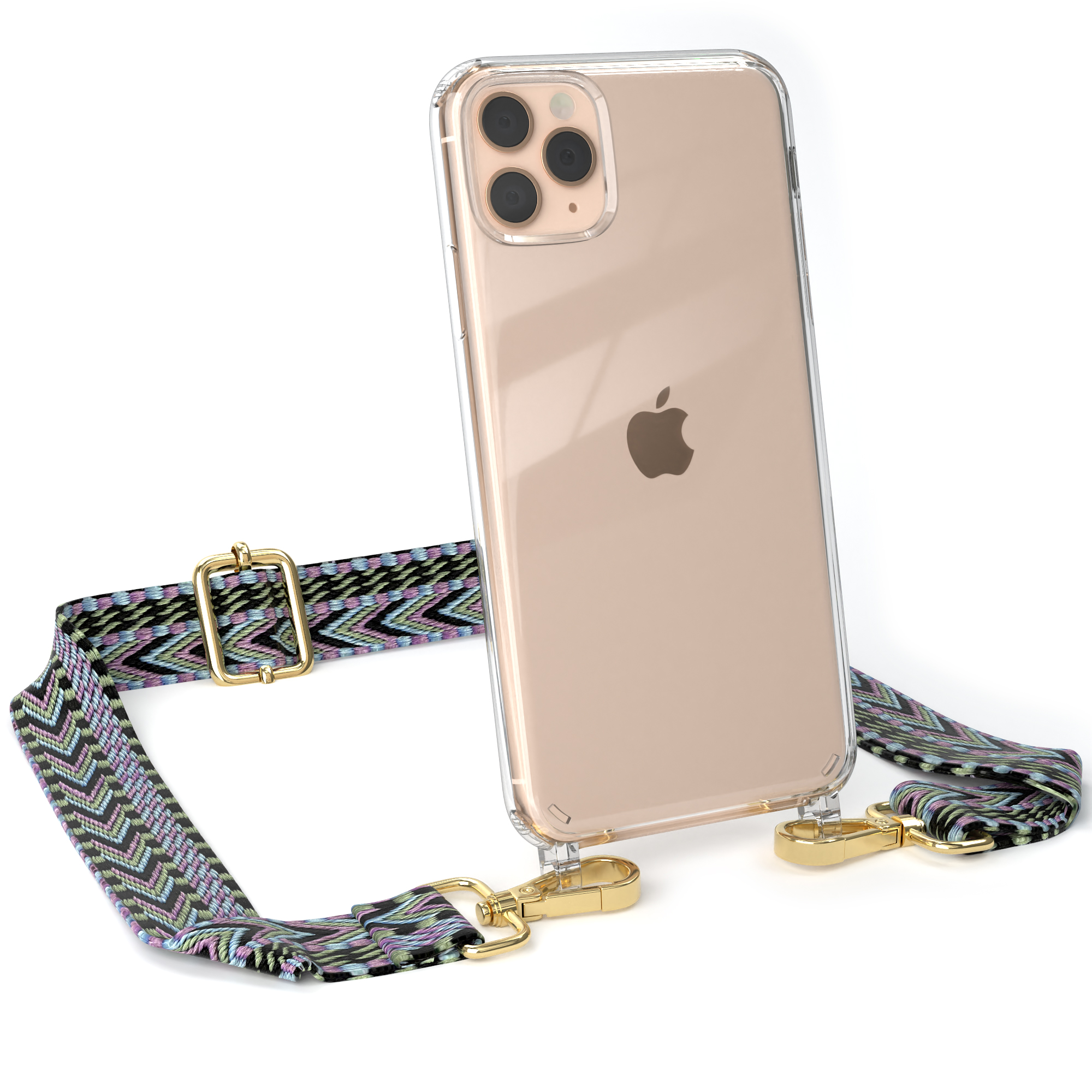 Transparente Handyhülle mit Riemen. Der Riemen ist mehrfarbig. Er ist an einem Telefon befestigt.