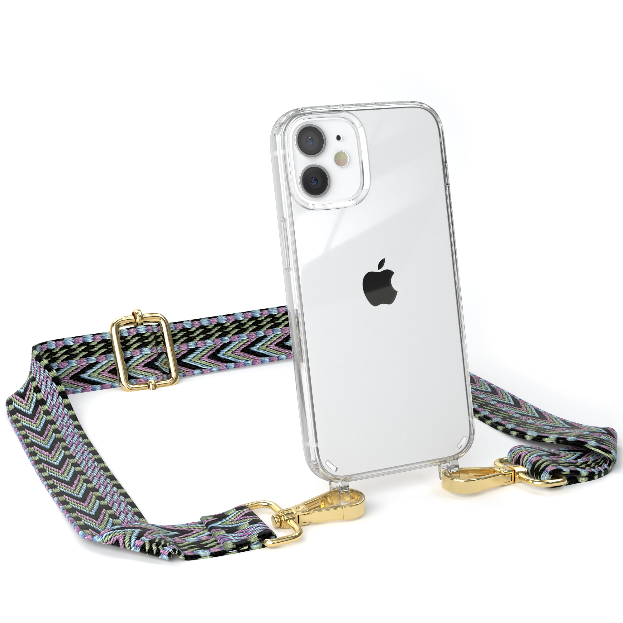 Transparente Handyhülle mit gemustertem Band. Telefon rechts. Goldfarbene Verschlüsse.