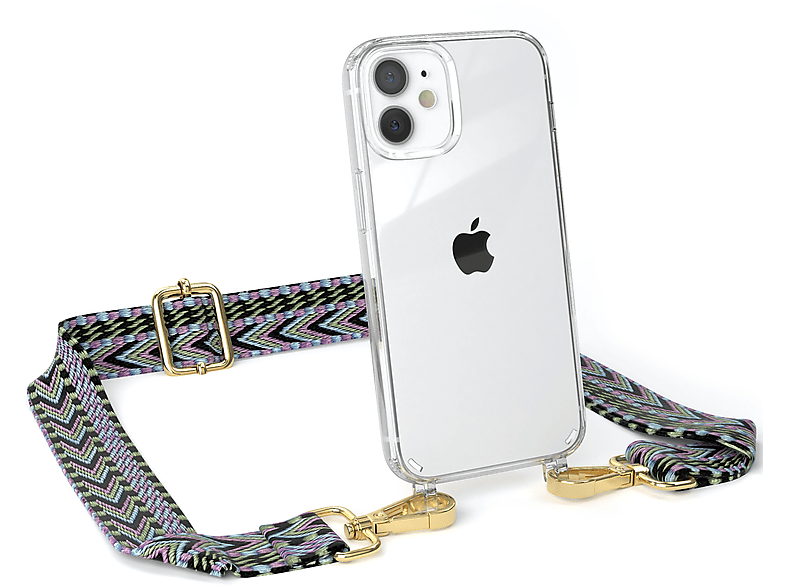 EAZY CASE Transparente Handyhülle mit Kordel Boho Style, Umhängetasche, Apple, iPhone 12 Mini, Violett / Grün