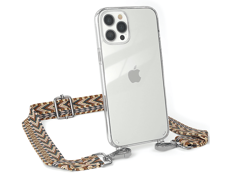 EAZY CASE Transparente Handyhülle mit Kordel Boho Style, Umhängetasche, Apple, iPhone 12 Pro Max, Braun Mix