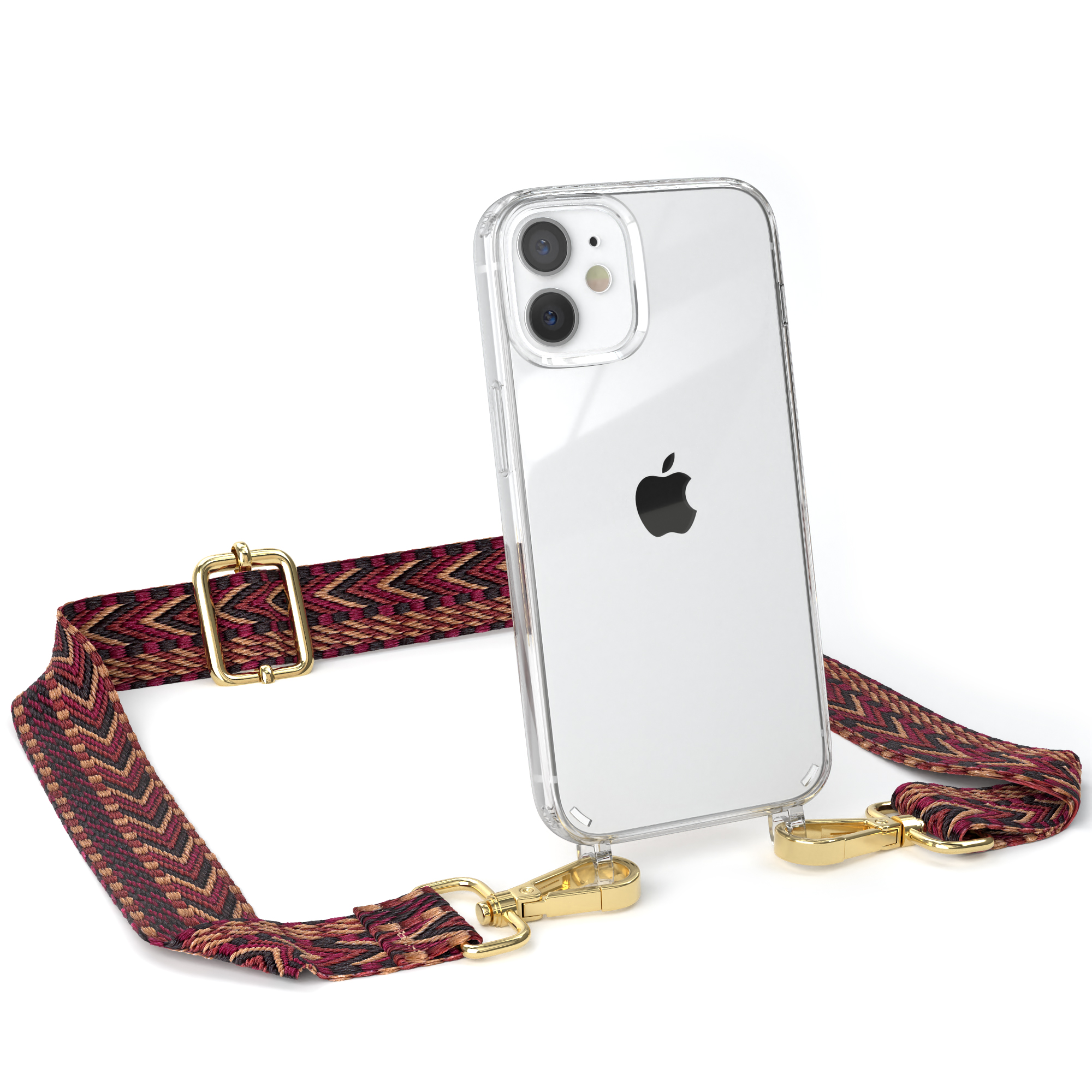 Umhängetasche, EAZY Braun iPhone CASE Apple, Style, Handyhülle Mini, 12 Transparente mit / Kordel Rot Boho