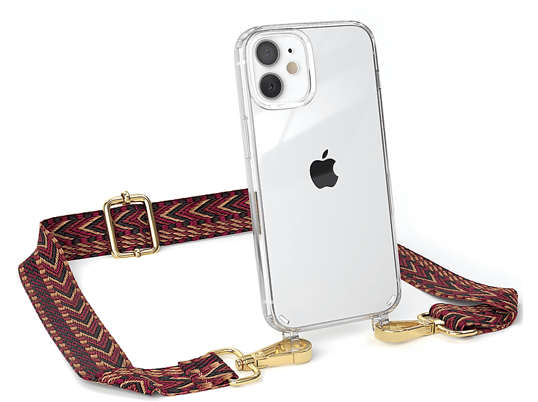 Umhängetasche, EAZY Braun iPhone CASE Apple, Style, Handyhülle Mini, 12 Transparente mit / Kordel Rot Boho