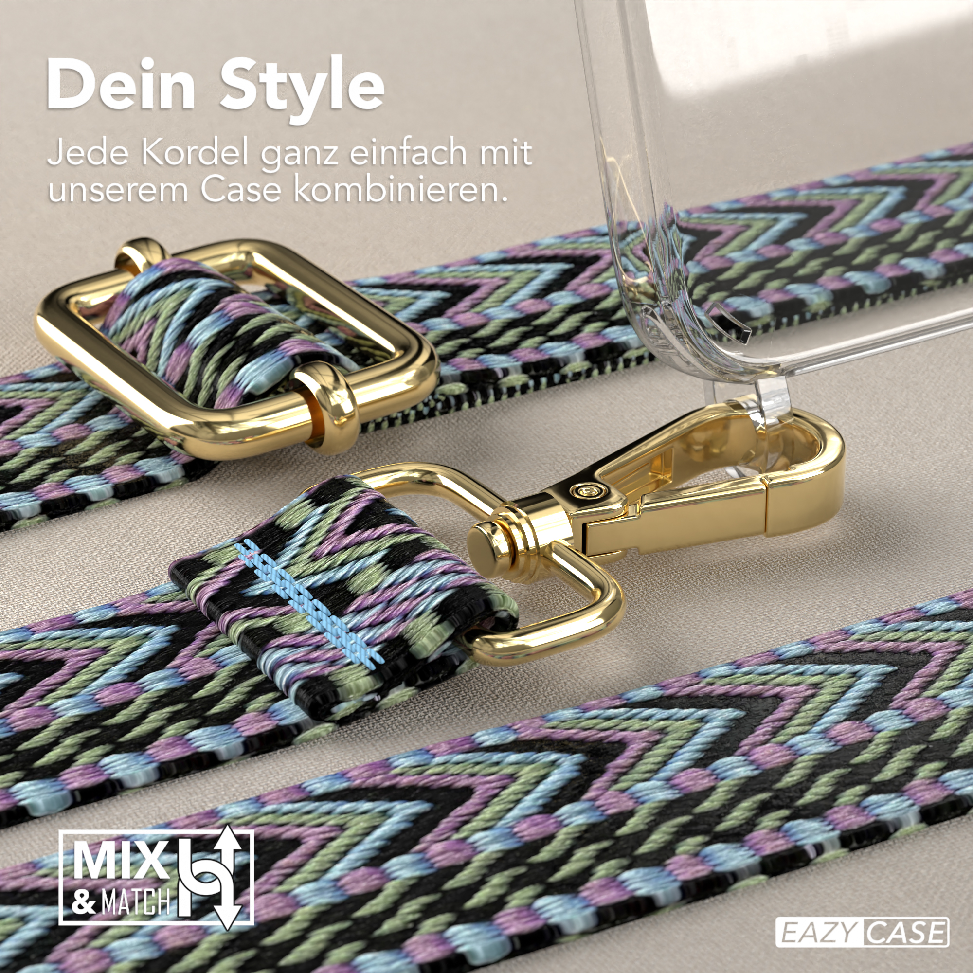 Handyhülle mit Trägern und Verschluss. Bunte gewebte Träger, goldene Verschlüsse.