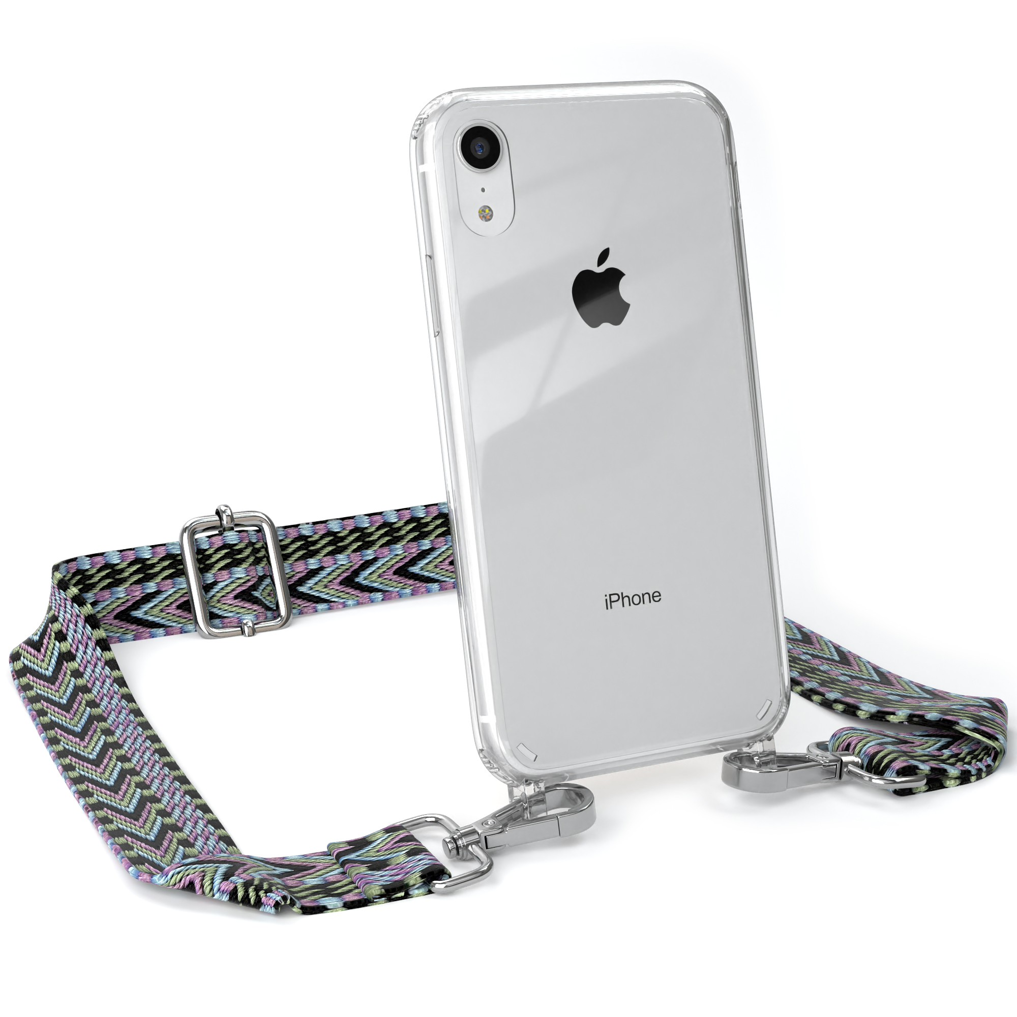 Transparente Handyhülle mit iPhone. Die Hülle hat einen bunten Riemen. Der Riemen ist grün, lila und schwarz.
