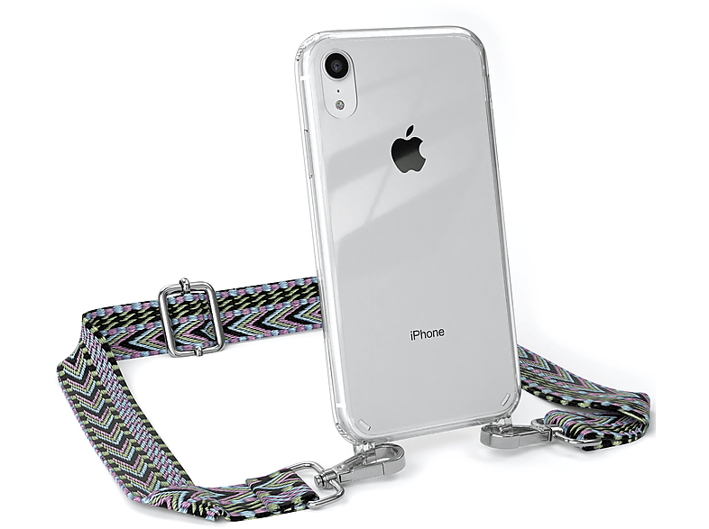 CASE Boho Handyhülle Style, Apple, XR, EAZY Grün Kordel / Transparente Umhängetasche, iPhone mit Violett