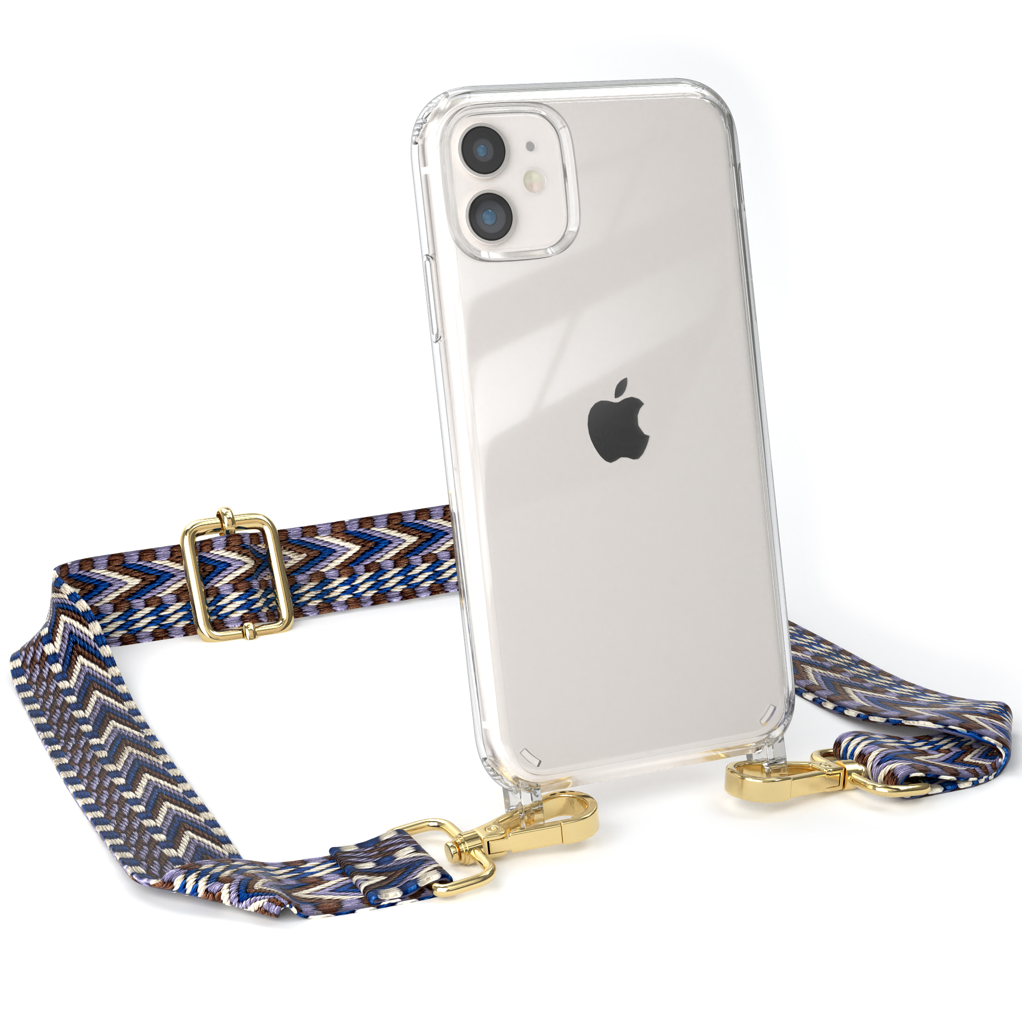 EAZY CASE Transparente Handyhülle mit Style, Kordel Weiß Blau Apple, / Boho 11, Umhängetasche, iPhone