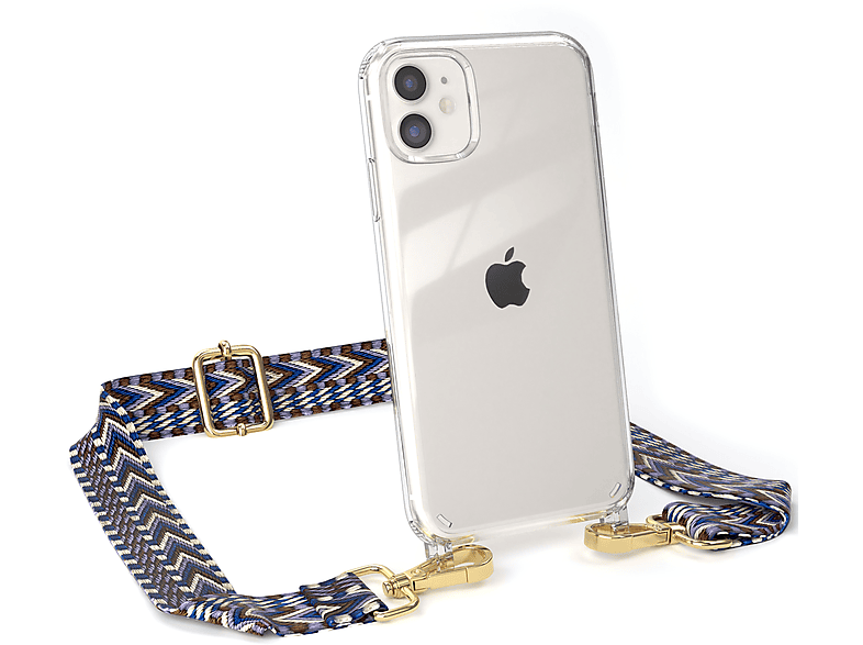 EAZY CASE mit Weiß Blau Umhängetasche, Handyhülle Apple, Boho iPhone Style, Transparente Kordel / 11