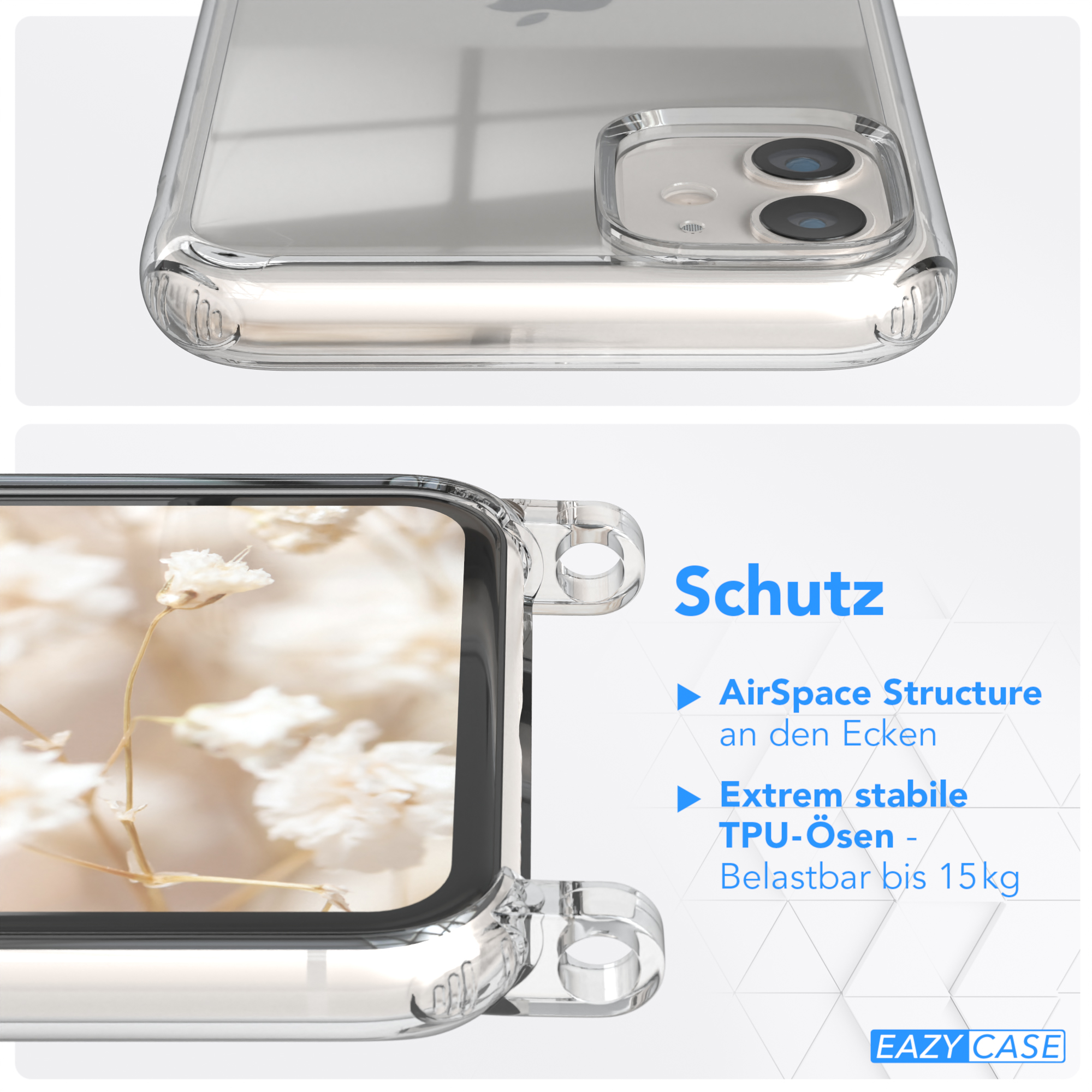 / EAZY Transparente iPhone Apple, Handyhülle Kordel CASE 11, mit Boho Umhängetasche, Blau Weiß Style,