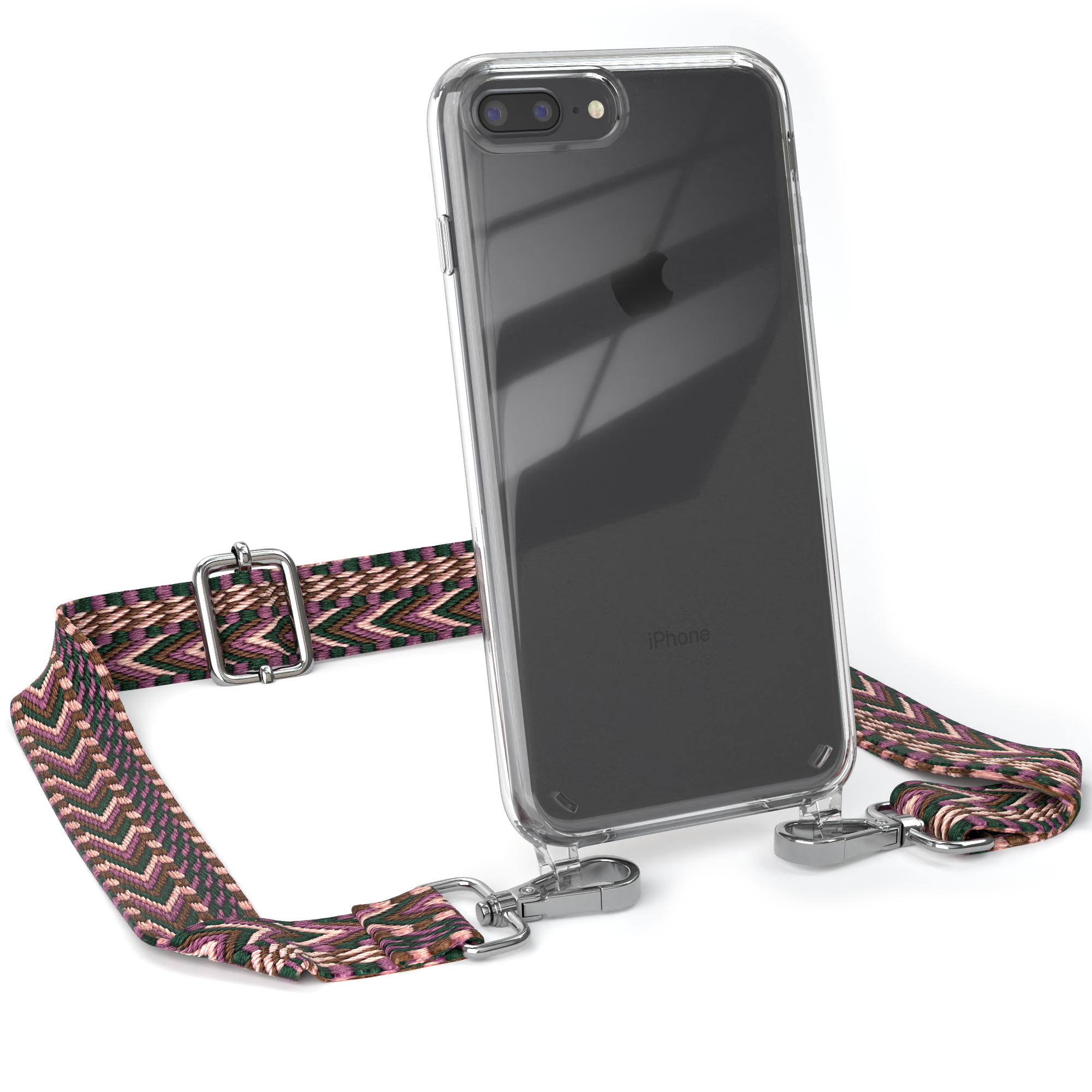 Transparente Handyhülle mit iPhone 8 Plus, Gurt mit Zickzackmuster und silbernem Verschluss.