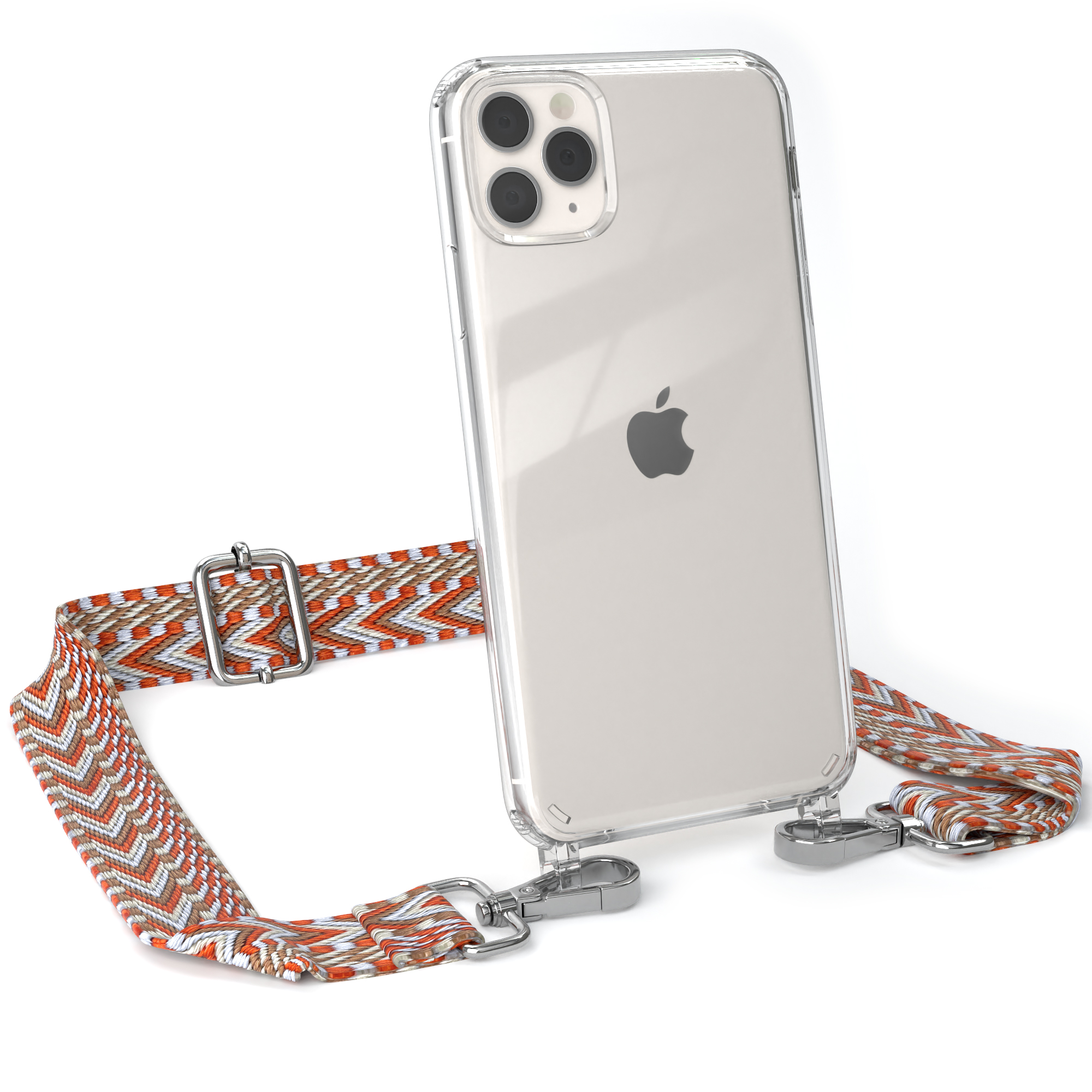 Klar Handyhülle mit orangefarbenem Gurt. Apple-Logo sichtbar. Weißer Hintergrund.