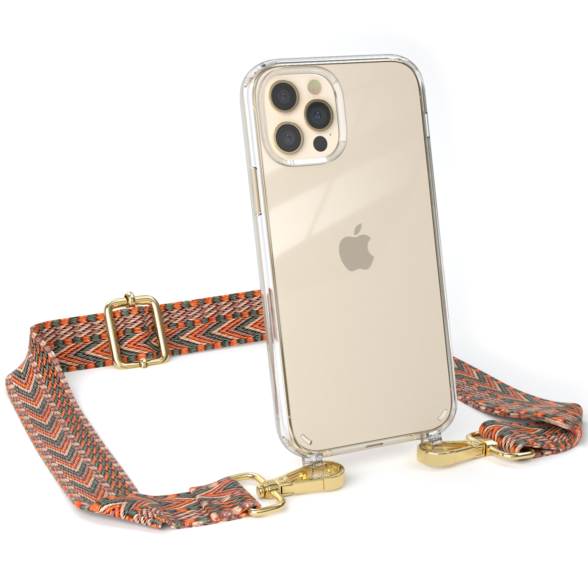 EAZY CASE Transparente Handyhülle Kordel iPhone / Apple, Grün mit Style, Pro, Boho Umhängetasche, / Orange 12 12