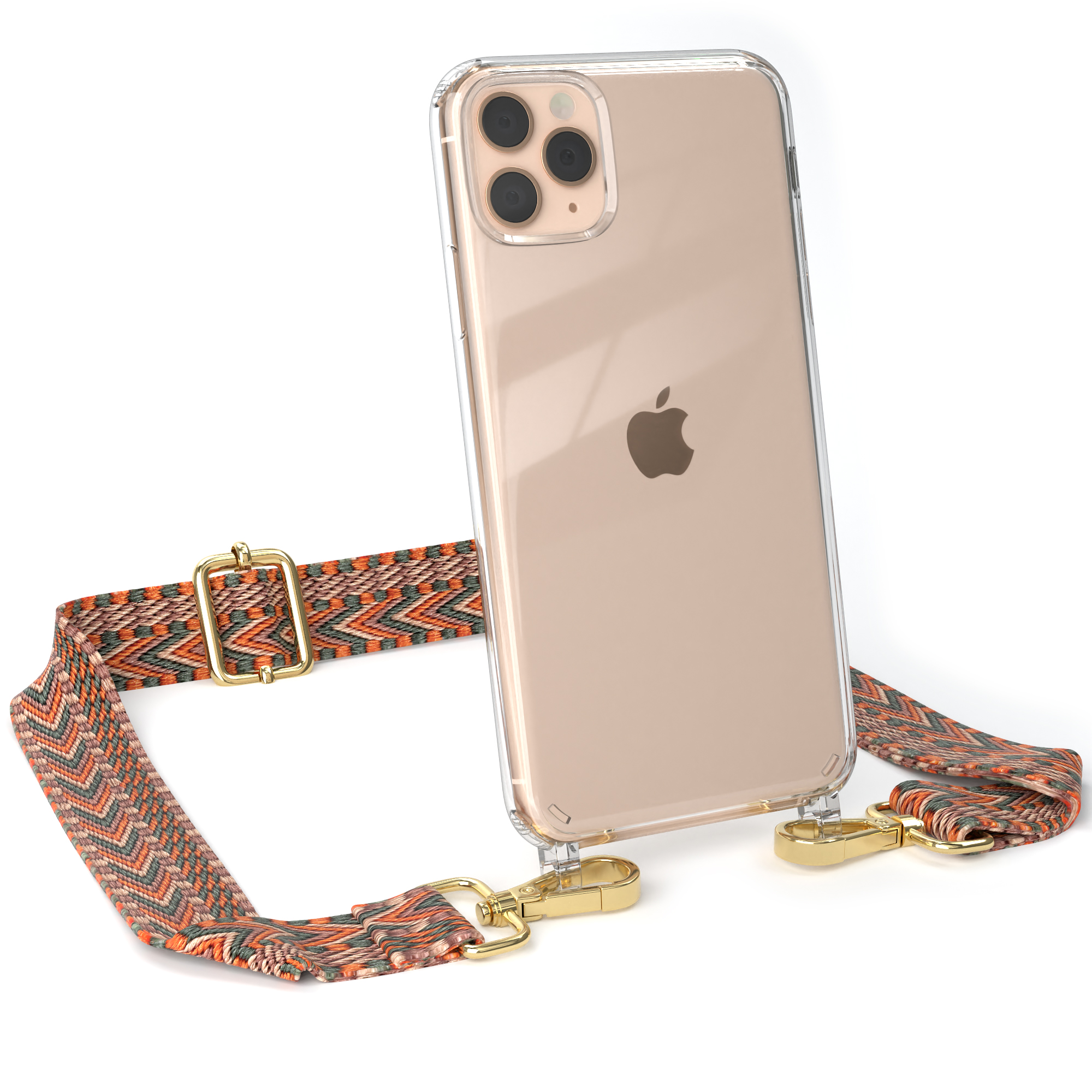 EAZY CASE Pro 11 / Kordel Orange Grün Max, Boho Style, Handyhülle Umhängetasche, iPhone Transparente Apple, mit