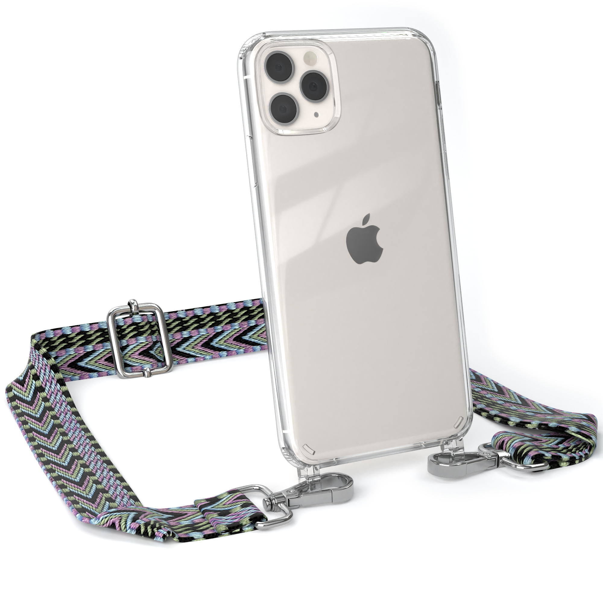 Transparente Handyhülle mit Pastellriemen. Apple-Logo sichtbar. Weißer Hintergrund.