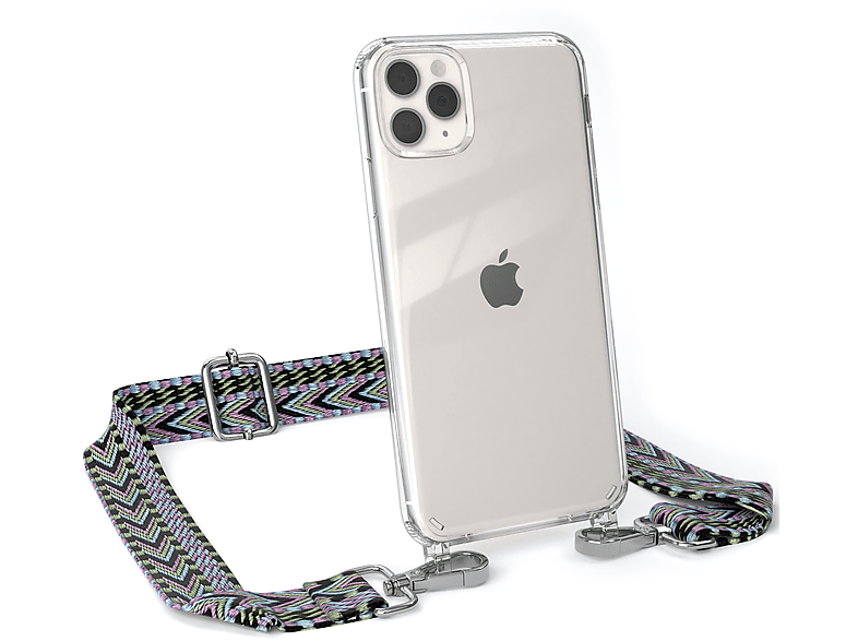 EAZY CASE Transparente Handyhülle mit Kordel Boho Style, Umhängetasche, Apple, iPhone 11 Pro Max, Violett / Grün