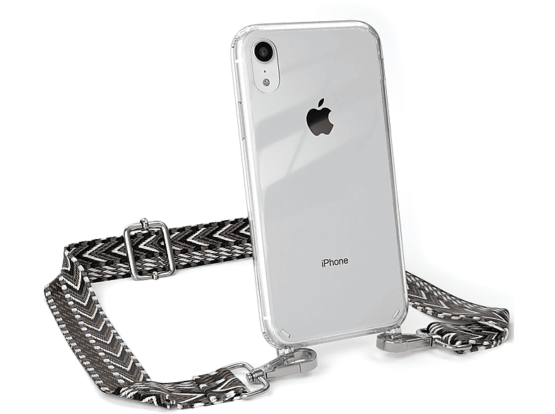 EAZY CASE Transparente Handyhülle mit XR, Kordel Umhängetasche, Grau iPhone Boho Style, / Schwarz Apple