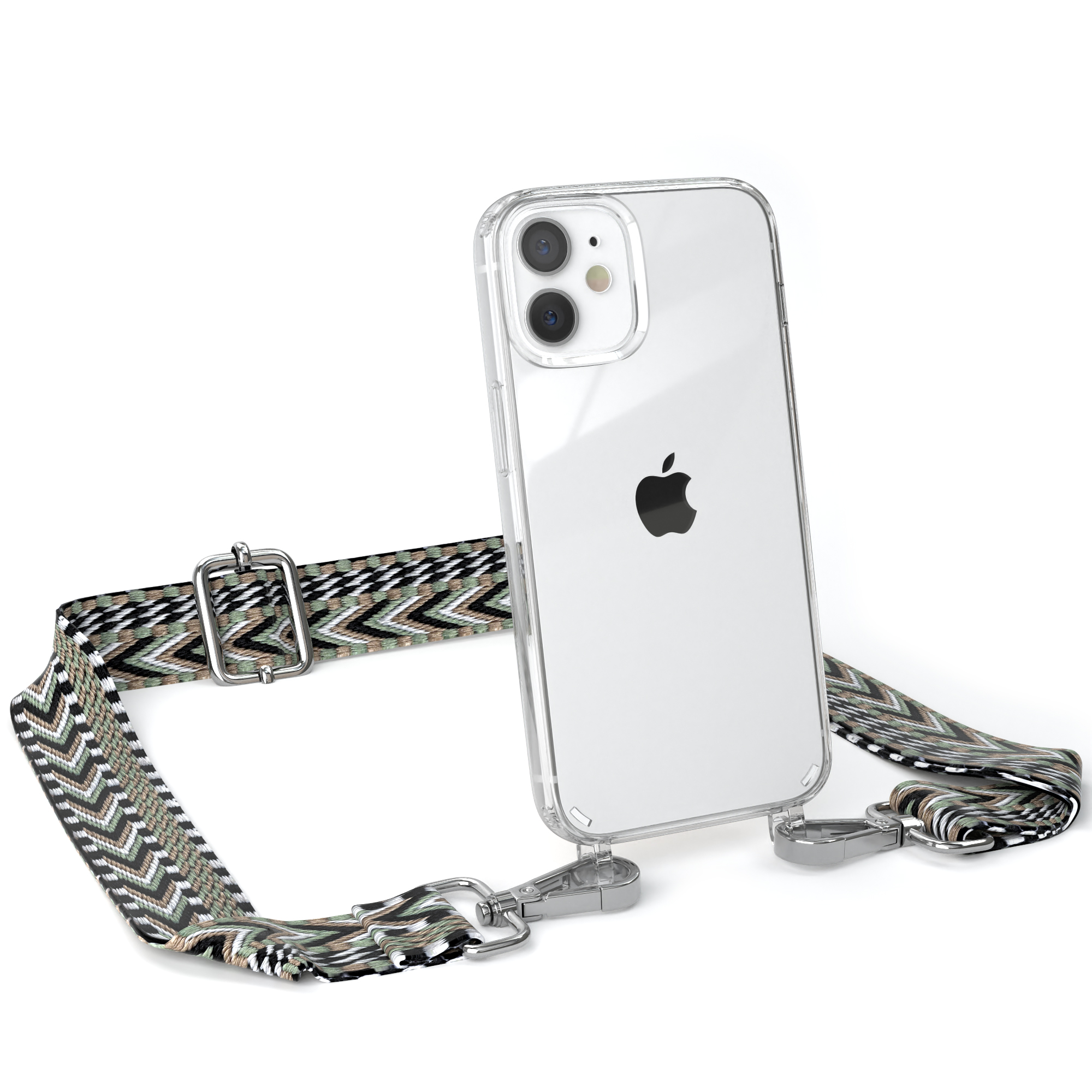 Transparente Handyhülle mit schwarz-weißem Band. Telefon hat zwei Kameras. Weißer Hintergrund.