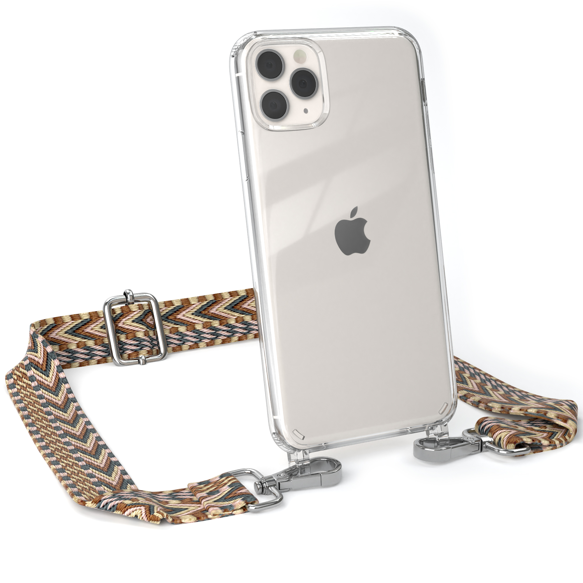 Transparente iPhone-Hülle mit Riemen, Telefon und Riemen auf weißem Grund.
